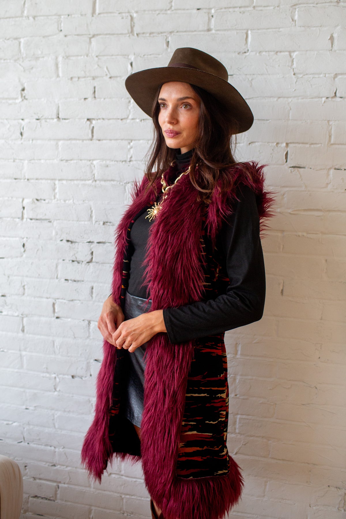 Zenobia Rouge Faux Fur Trim Vest
