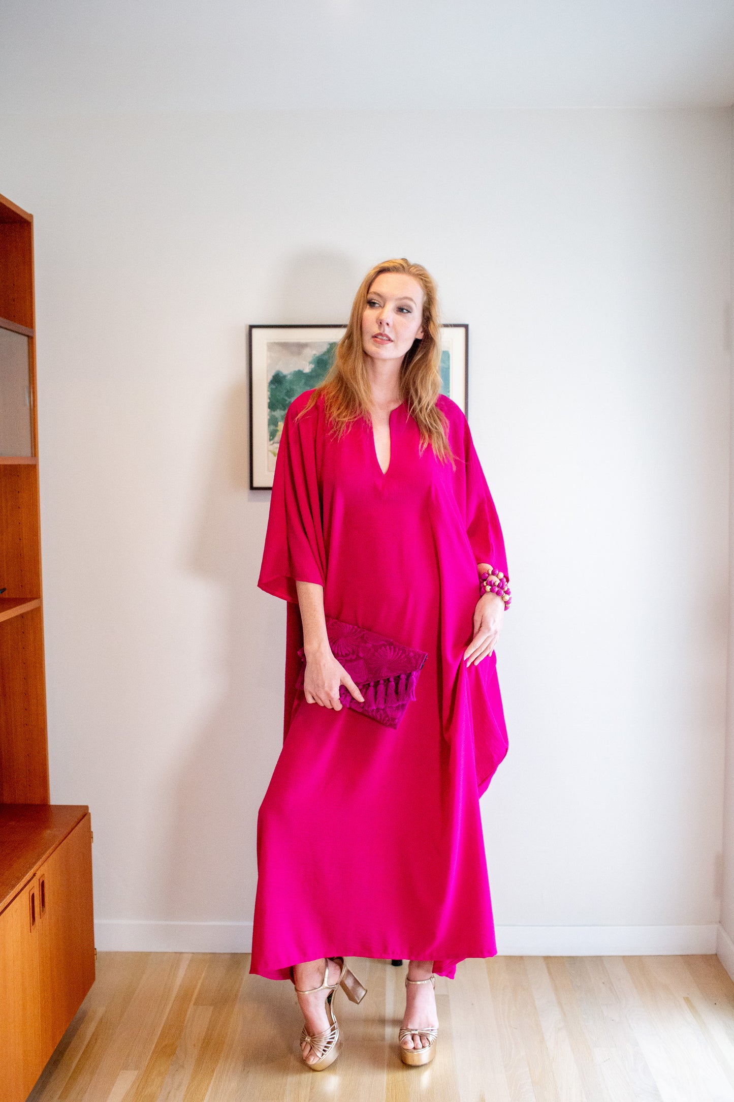 Talitha Cinched Waist Caftan In Brightest Berry