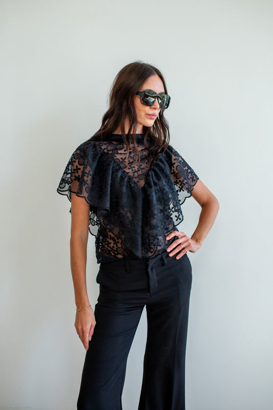 Ellie Ruffle Top in Bandita Black