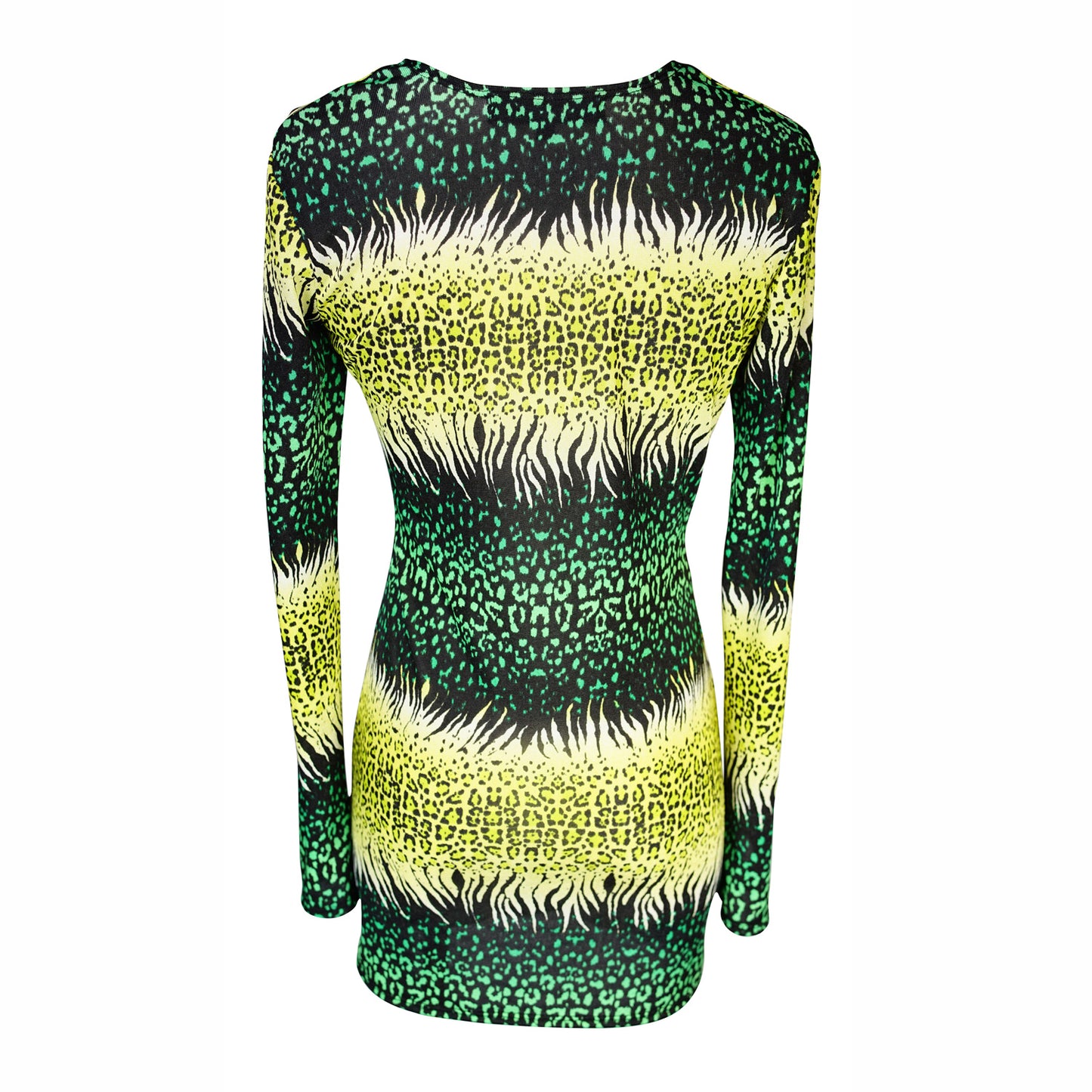 jennafer grace Reptilia Mini Twist Dress emerald shamrock green and neon lime yellow green with white black abstract reptilian leopard print long sleeve bodycon mini dress with twist front and thumbholes at cuff boho bohemian hippie romantic whimsical handmade in California USA