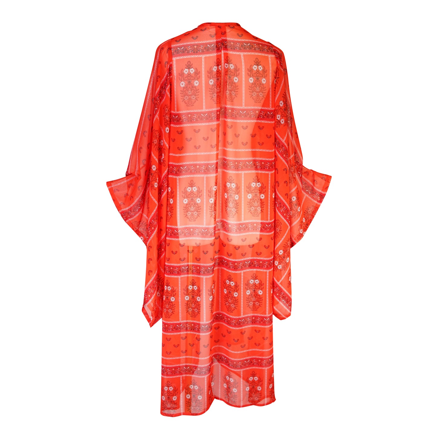 jennafer grace Rioja kimono orange red-orange scarf print semi-sheer coverup wrap dress with pockets duster jacket robe boho bohemian hippie whimsical romantic beach poolside resort cabana lounge wear unisex handmade in California USA