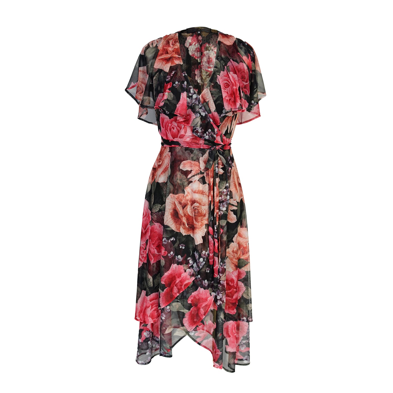 jennafer grace Rosalina Flutter Wrap Dress black mesh with floral dusty blush rose pink coral pink and sage green flower print v-neck cinched waist midi dress boho bohemian hippie romantic whimsical handmade in California USA