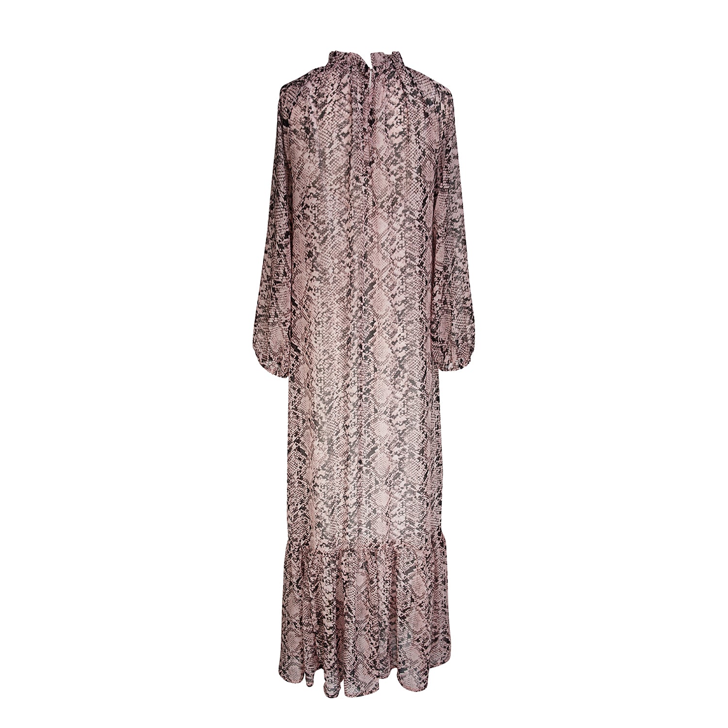 jennafer grace Rosey Boa Raglan Maxi Dress semi-sheer mauve pink with black snakeskin print long sleeve dress with high neck cinched waist tie tiered skirt bishop sleeve evening boho bohemian hippie romantic whimsical handmade in California USA