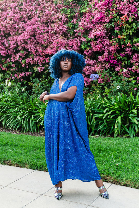 royal blue cobalt caftan kaftan alohacaftan jennafergrace handmade California everyday luxe glam sparkle sequin