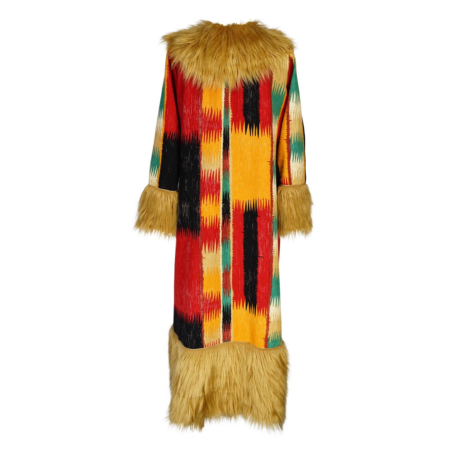 Long, penny lane style trench coat fashioned from a thick, abstract modernist colorblock print fabric featuring red, teal, yellow, black, and beige. Embellished with long tan faux fur along collar, lapel, cuffs, and hem. Retro bohemian color field art in style.
