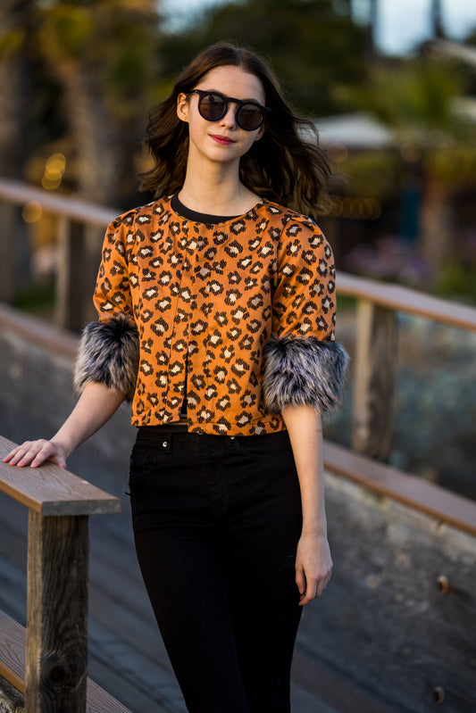 Rust Leopard Faux Fur Cuff Crop Jacket