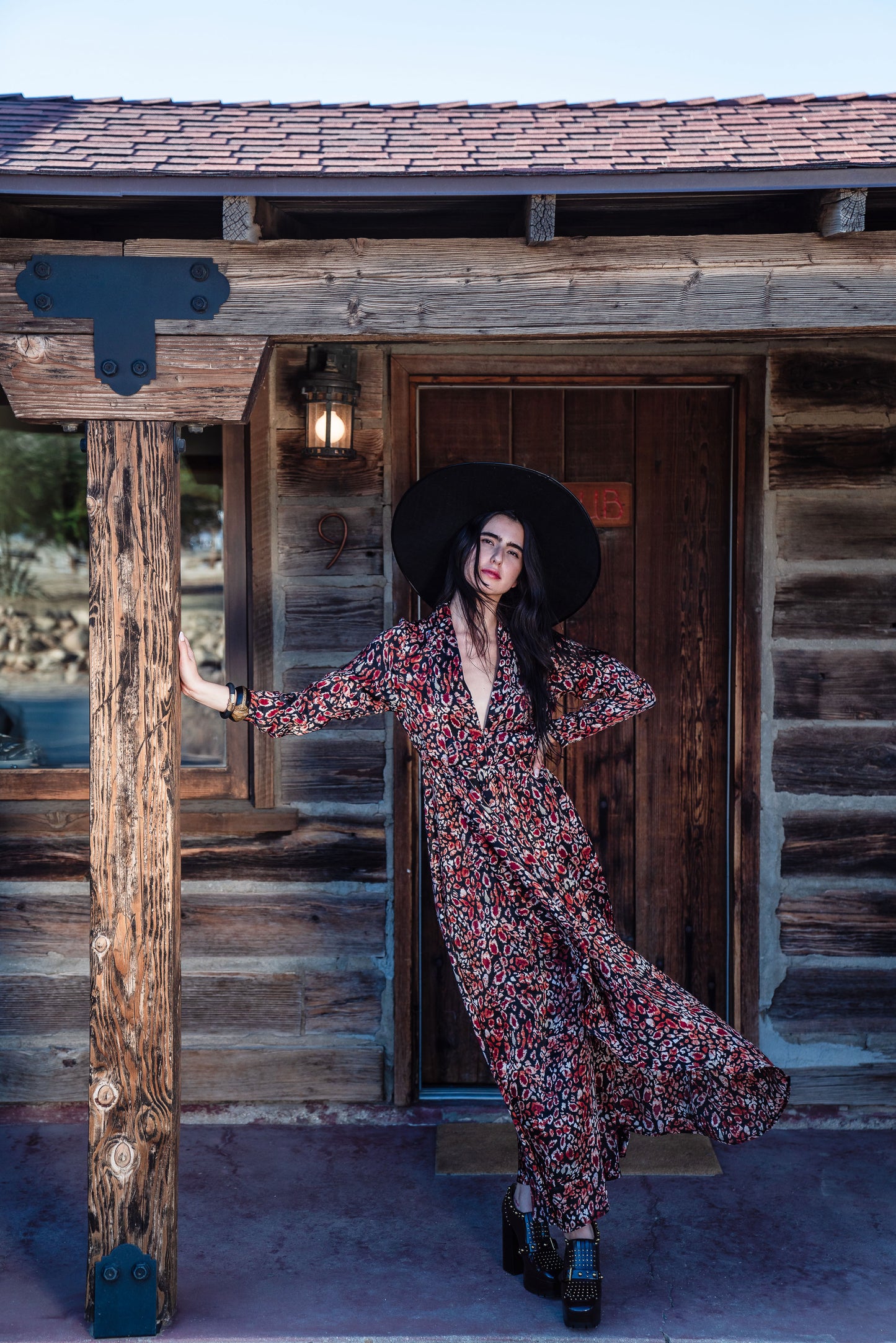 This shawl collar, leopard print, boho maxi dress is our favorite silhouette. Featuring a soft cross ruffle skirt, button sleeve and invisible zipper at side, this piece is perfect for desk to dinner styling. 