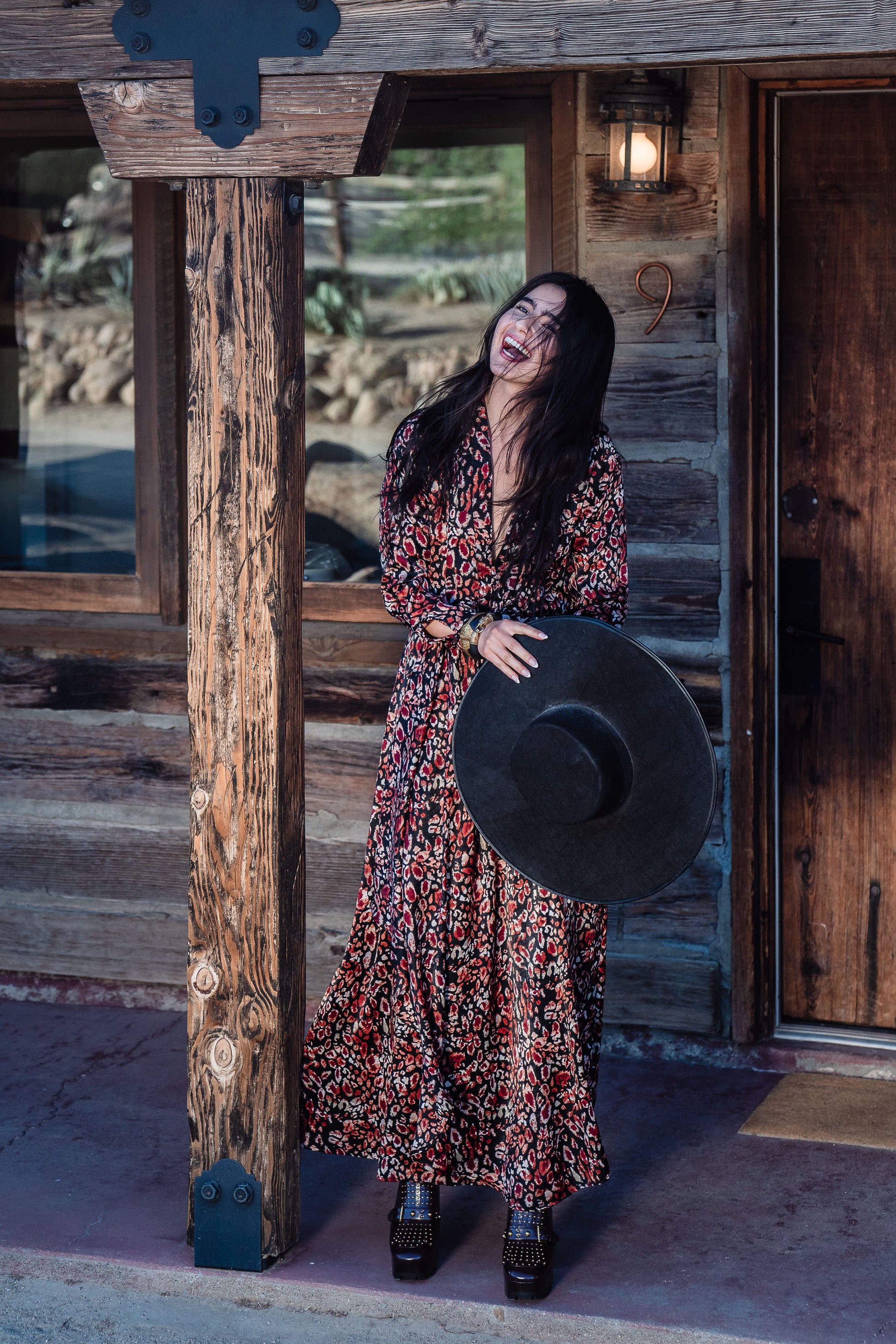 This shawl collar, leopard print, boho maxi dress is our favorite silhouette. Featuring a soft cross ruffle skirt, button sleeve and invisible zipper at side, this piece is perfect for desk to dinner styling. 