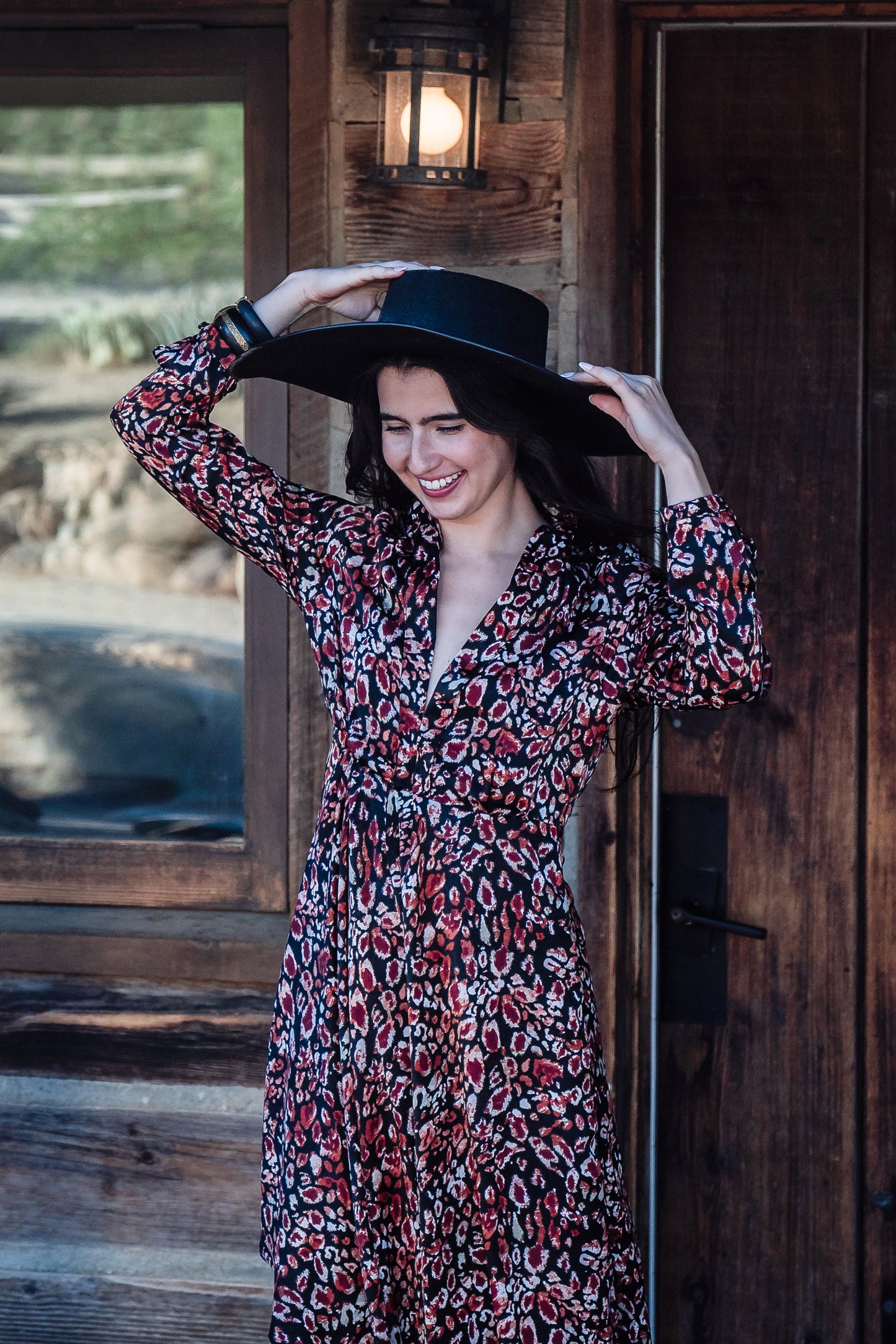 This shawl collar, leopard print, boho maxi dress is our favorite silhouette. Featuring a soft cross ruffle skirt, button sleeve and invisible zipper at side, this piece is perfect for desk to dinner styling. 