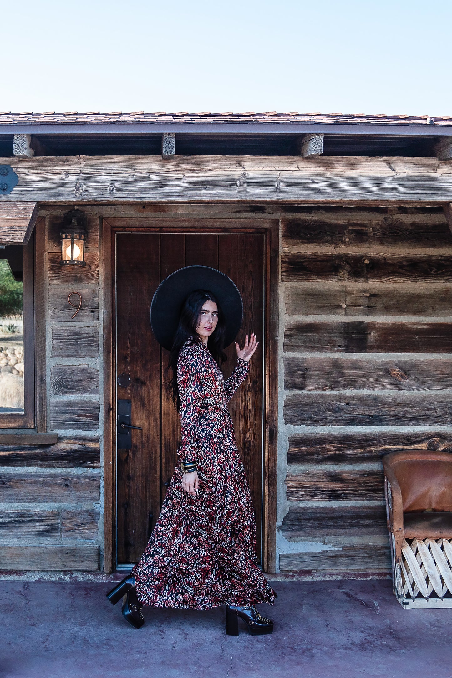 This shawl collar, leopard print, boho maxi dress is our favorite silhouette. Featuring a soft cross ruffle skirt, button sleeve and invisible zipper at side, this piece is perfect for desk to dinner styling. 