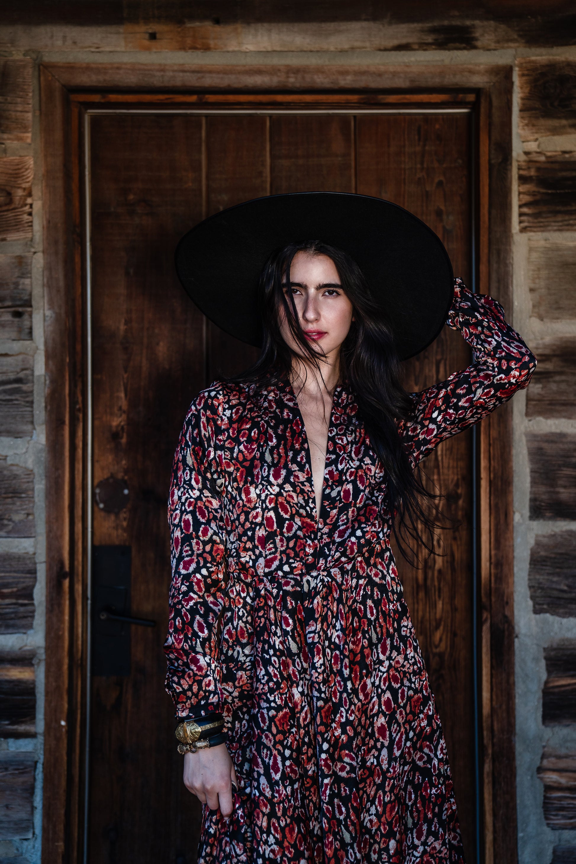 This shawl collar, leopard print, boho maxi dress is our favorite silhouette. Featuring a soft cross ruffle skirt, button sleeve and invisible zipper at side, this piece is perfect for desk to dinner styling. 