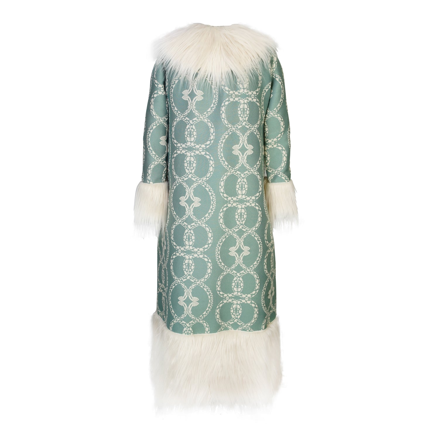 Long, penny lane style trench coat fashioned from a thick, mint green fabric embroidered with ivory snakes. Embellished with long ivory faux fur along collar, lapel, cuffs, and hem. Bohemian maximalism in style.