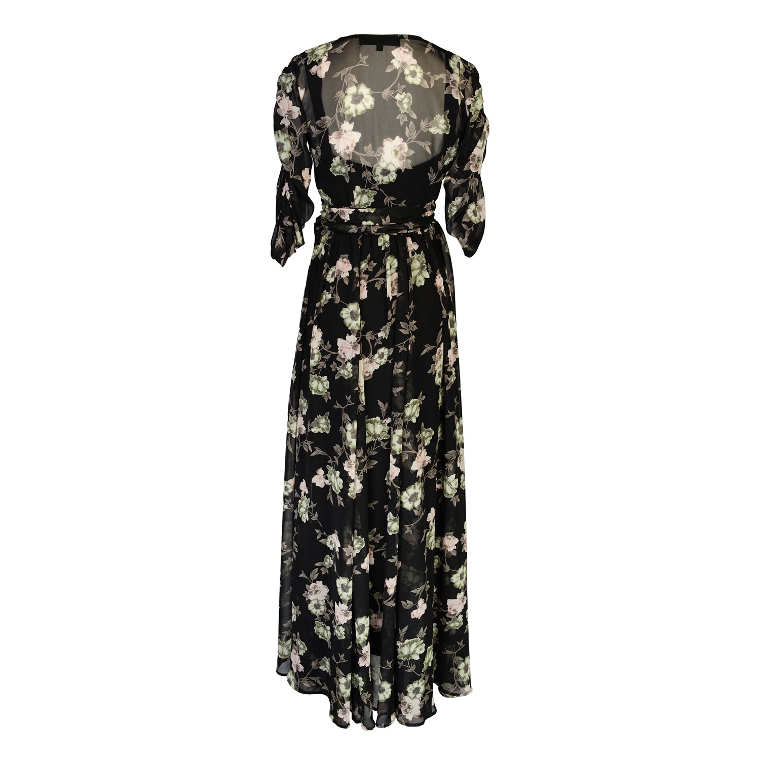 jennafer grace Signature Wrap Dress in Noir Garden onyx black maxi dress with pastel floral flower print with long waist tie and ruched sleeves boho bohemian hippie romantic whimsical spring gown wedding guest dress unisex handmade
