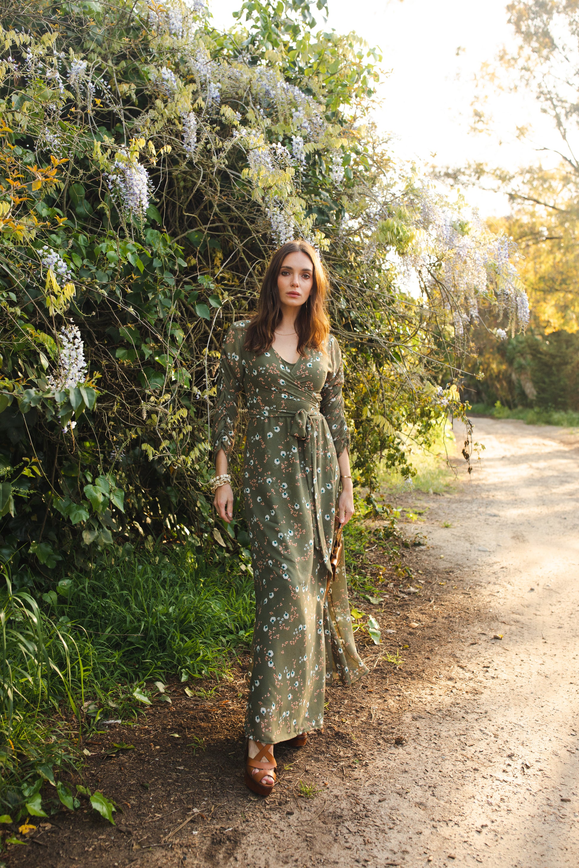 jennafer grace Signature Wrap Dress in Sage Blossom pale green maxi dress with pastel floral flower print with long waist tie and ruched sleeves boho bohemian hippie romantic whimsical spring gown wedding guest dress unisex handmade