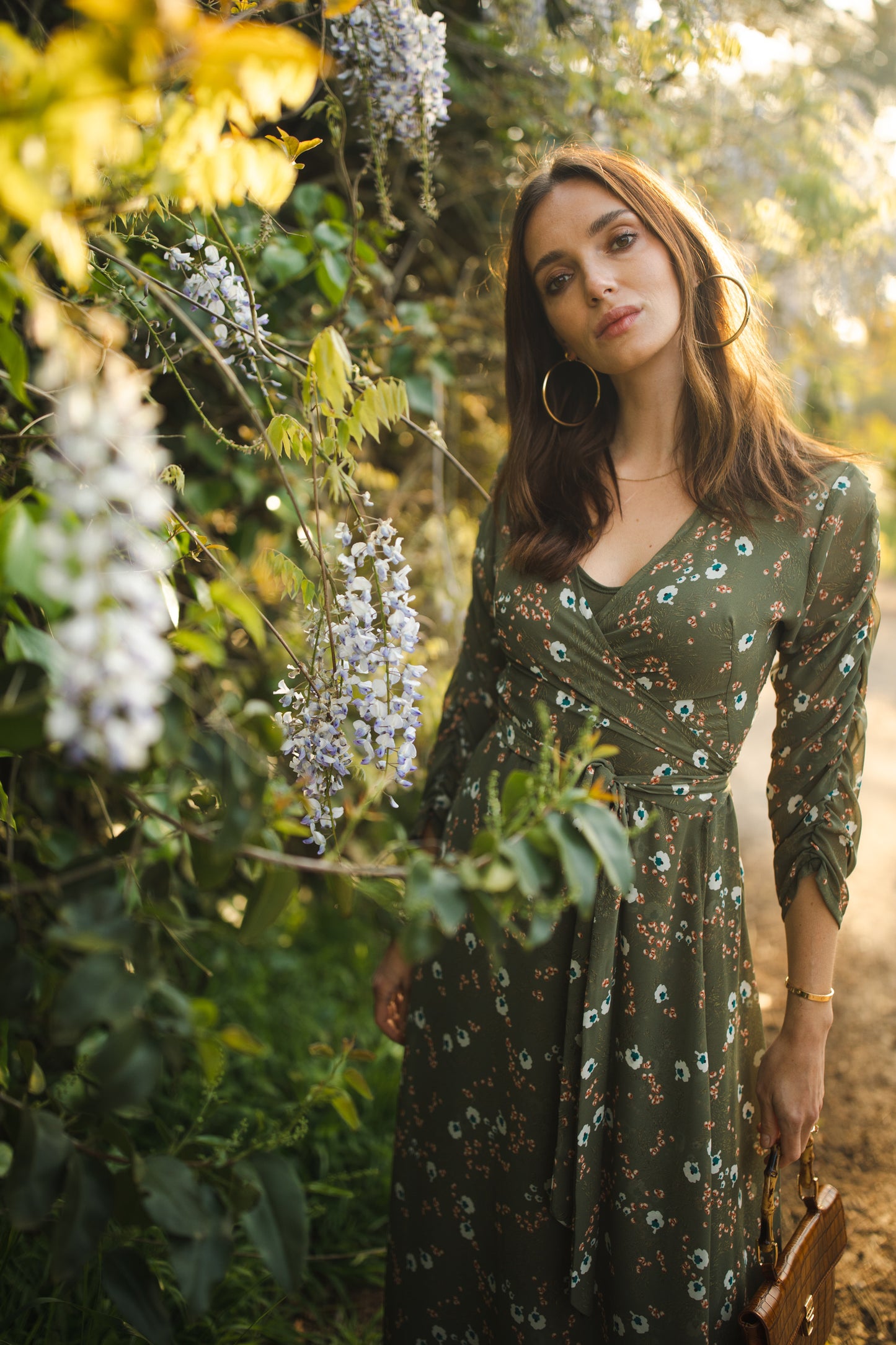 jennafer grace Signature Wrap Dress in Sage Blossom pale green maxi dress with pastel floral flower print with long waist tie and ruched sleeves boho bohemian hippie romantic whimsical spring gown wedding guest dress unisex handmade