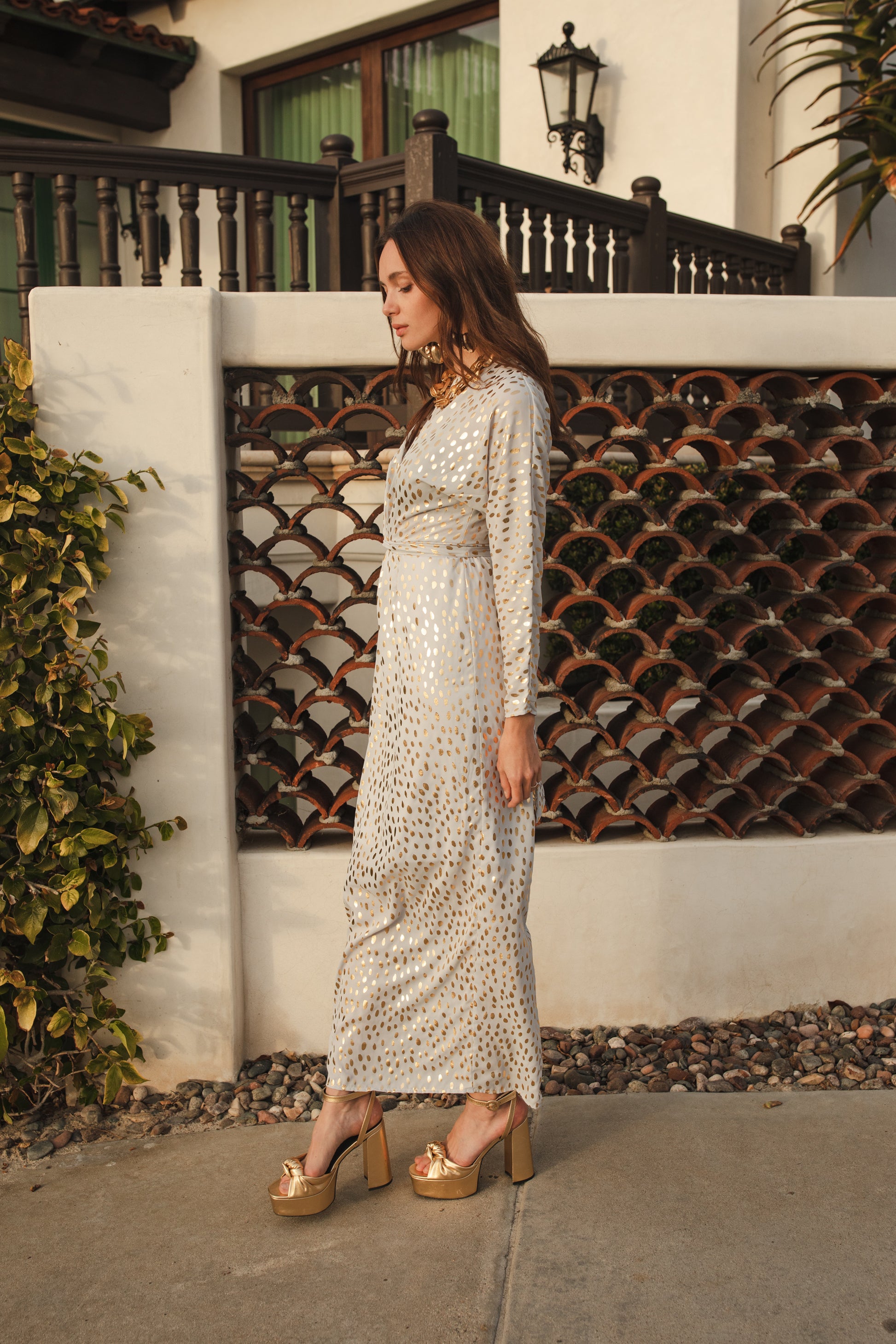 jennafer grace ivory white gold foil polkadot polka dot old hollywood glam boho bohemian batwing cocktail party evening dress gown handmade