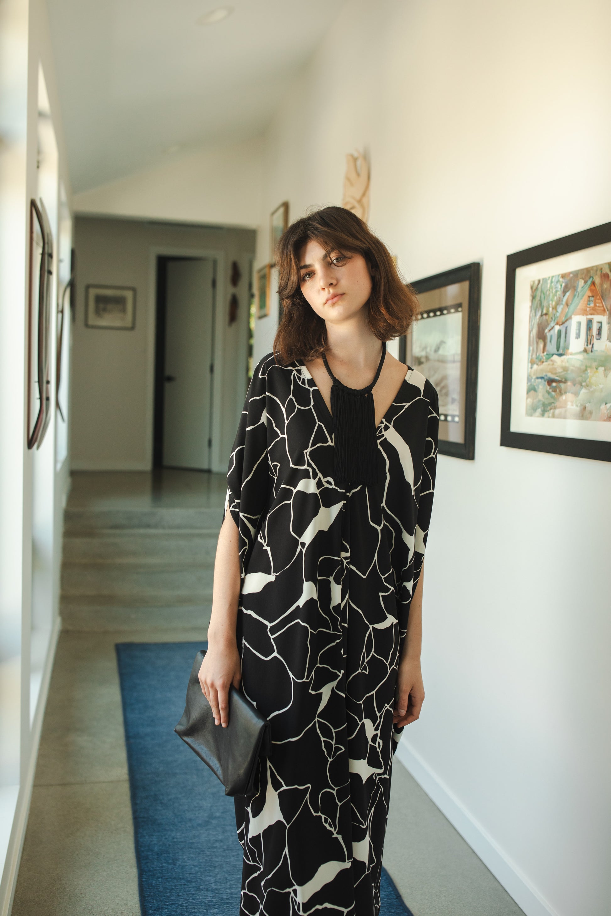 jennafer grace Spyglass Noir Caftan black and white abstract broken glass marble print kaftan mumu shift dress coverup casual boho bohemian hippie beach resort spa lounge loungewear layering unisex handmade in California USA