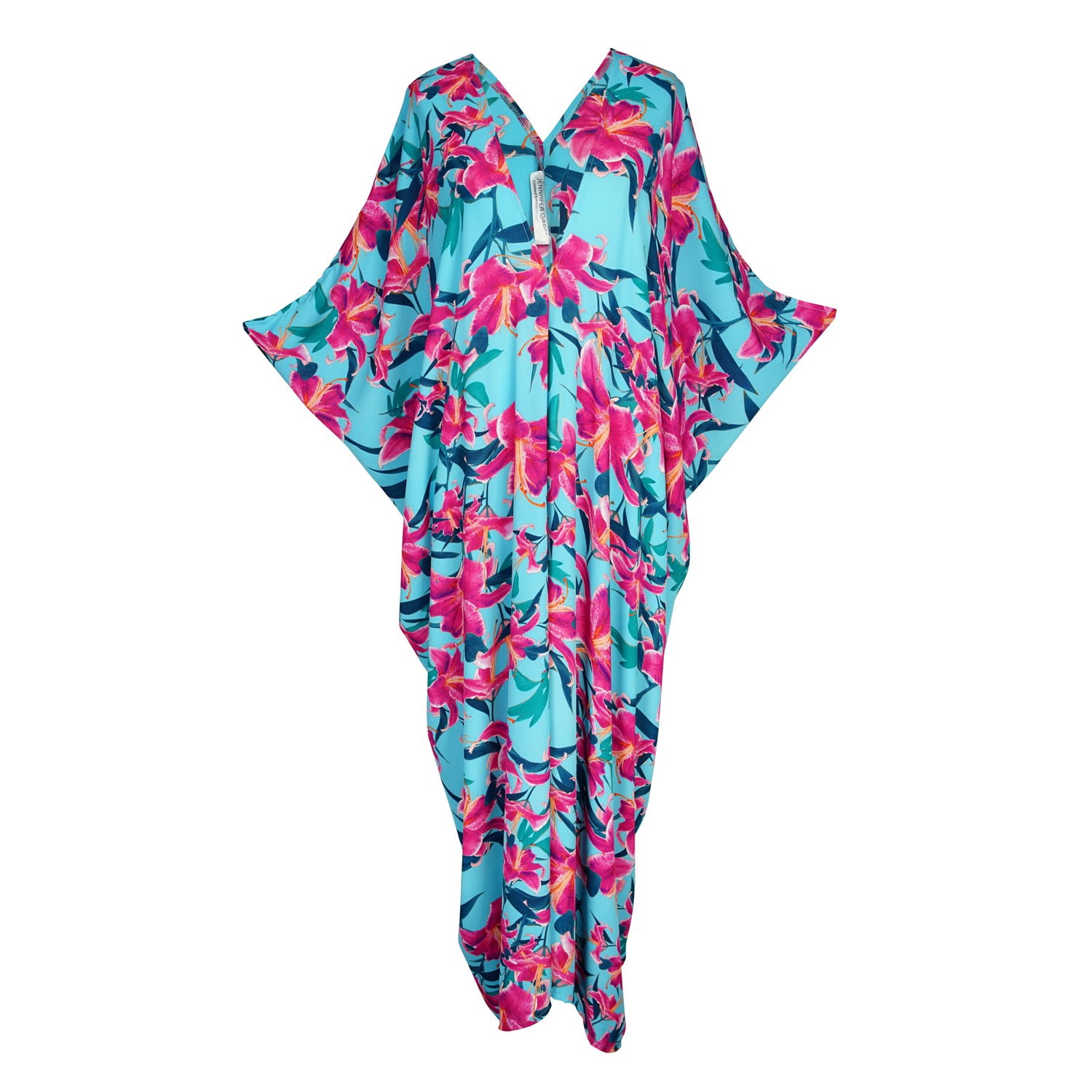 Light aqua blue caftan with fuchsia hot pink floral stargazer lily print and dark green leaves, vibrant colorful kaftan with deep v and short batwing sleeves, bohemian style