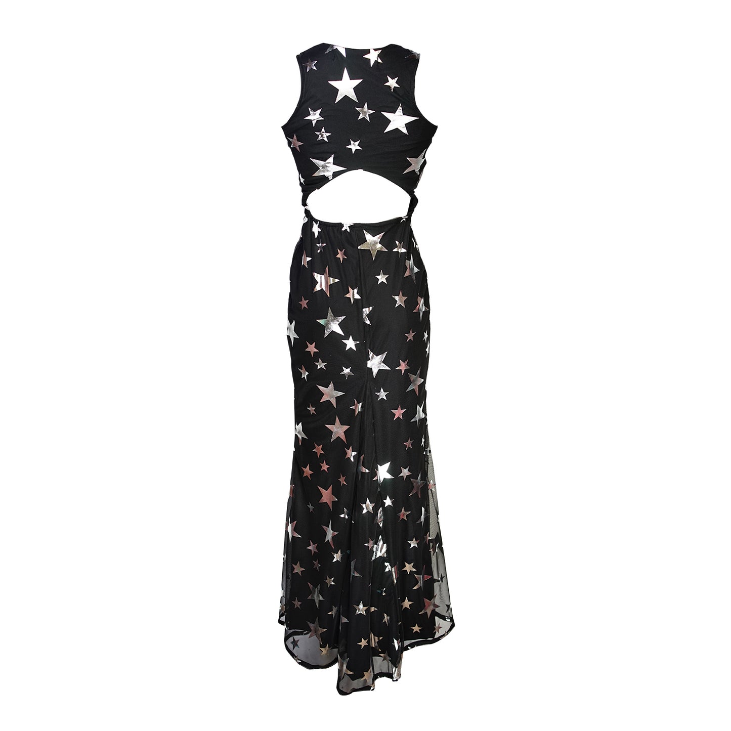 A magical form-fitting mermaid maxi dress features a cutout at mid-back. With a V-neckline and ankle hem, it is crafted from a soft black mesh with metallic silver foil star print and bamboo blend jersey lining.