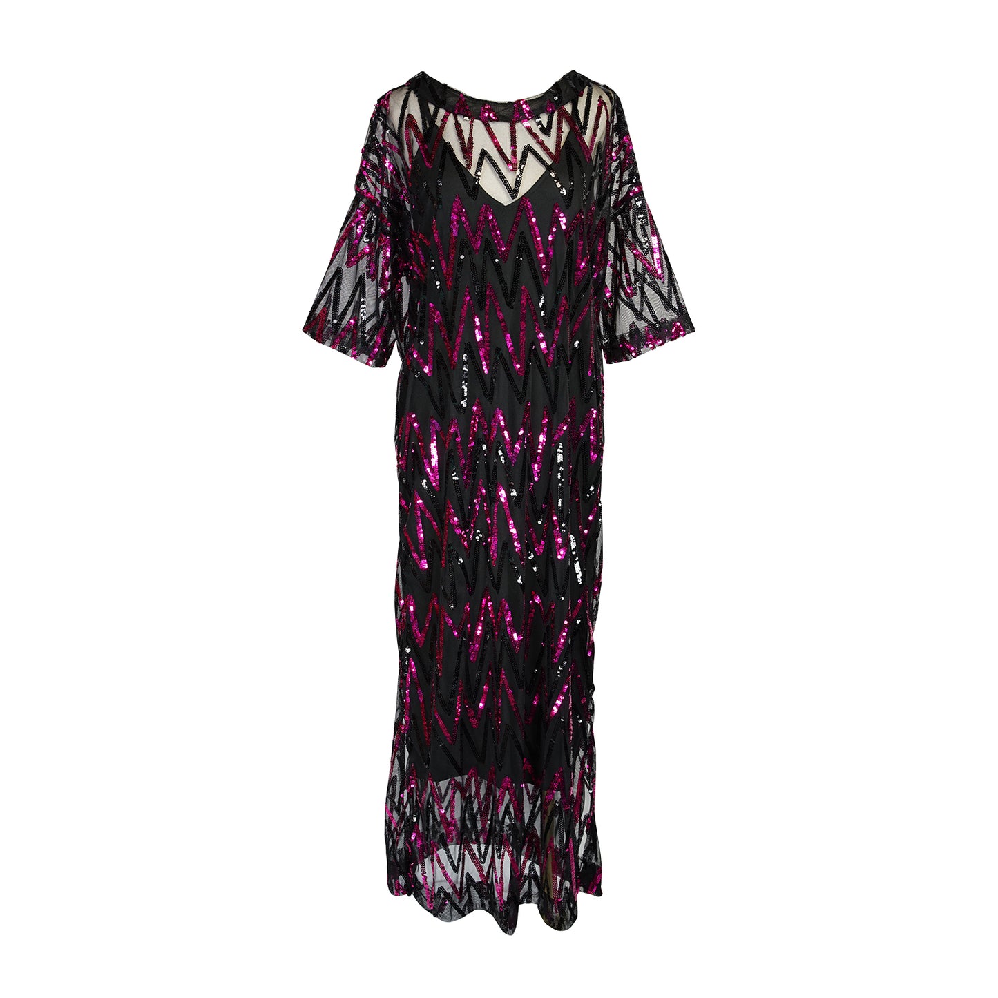Studio Shimmer Side Split Tunic. This full length tunic is made from soft mesh fabric with sequin embellishments. The sequins alternate between fuschia and black zig-zag horizontal stripes. Light, floaty, and slinky it features a back keyhole closure, ankle length hem, mid-length sleeve, and knee length slits on both sides.