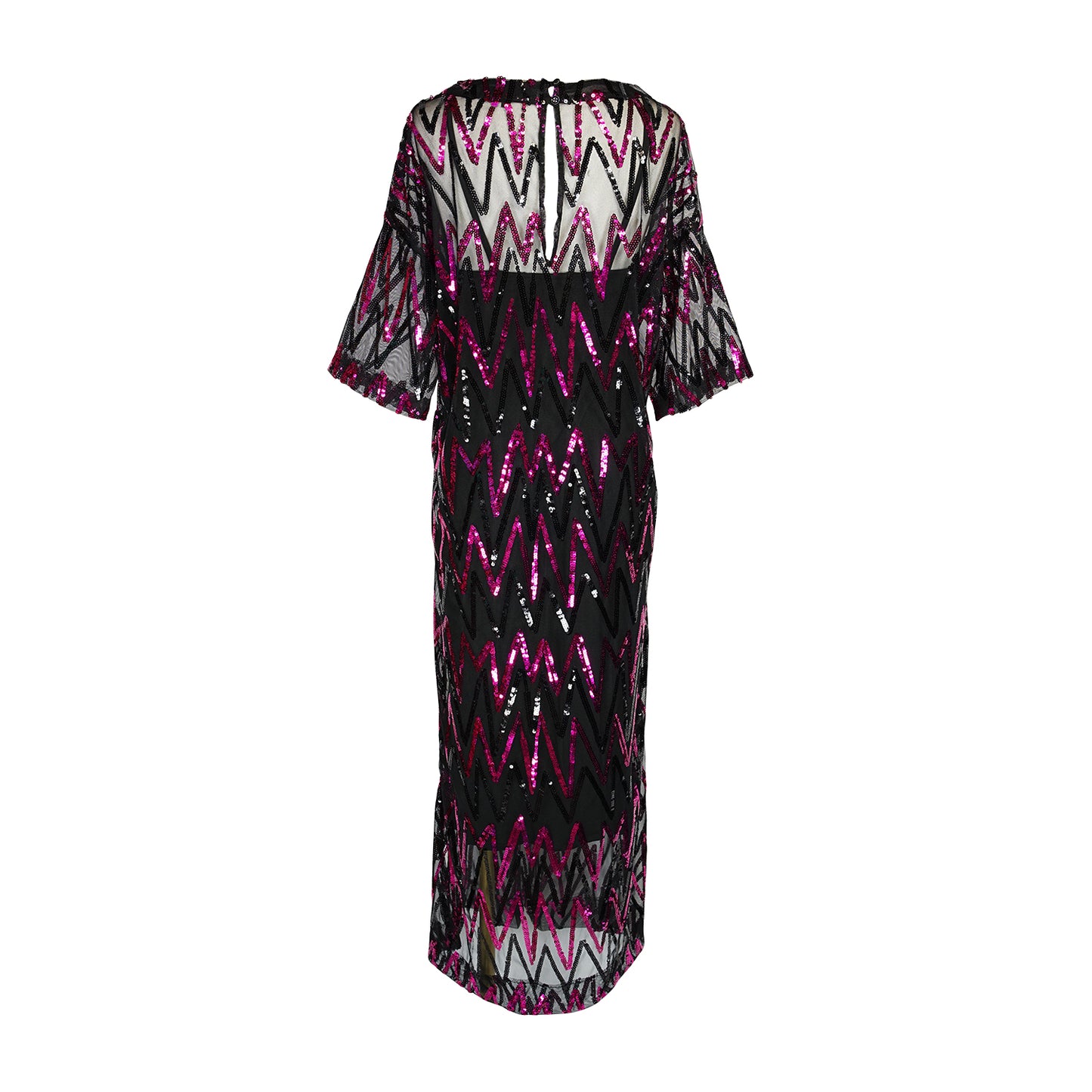 Studio Shimmer Side Split Tunic. This full length tunic is made from soft mesh fabric with sequin embellishments. The sequins alternate between fuschia and black zig-zag horizontal stripes. Light, floaty, and slinky it features a back keyhole closure, ankle length hem, mid-length sleeve, and knee length slits on both sides.