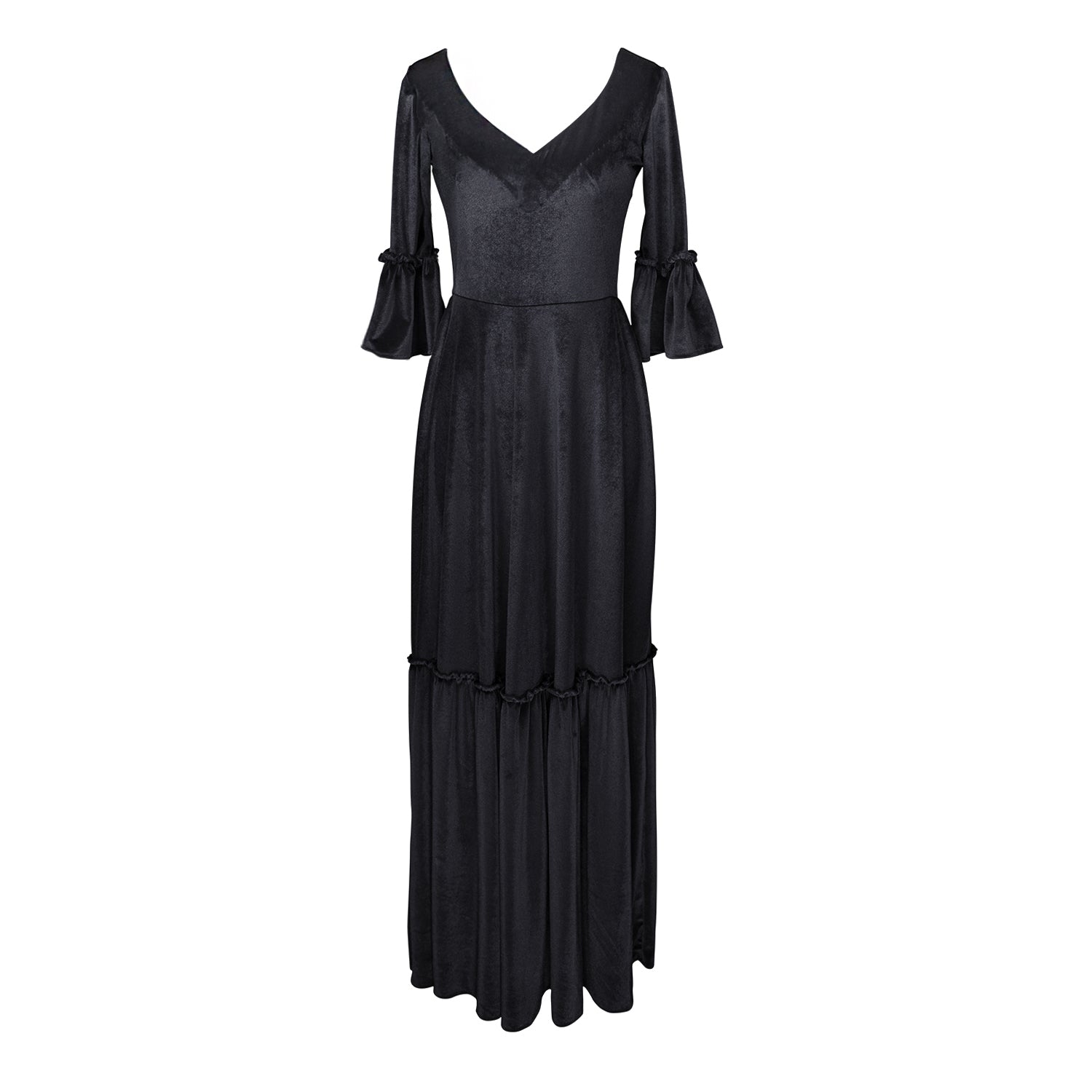 Shimmery black maxi dress with ruffle skirt and ruffled half sleeves. Featuring v-neck front and heart-shaped cutout in back, this dark dress is a gothic dream.