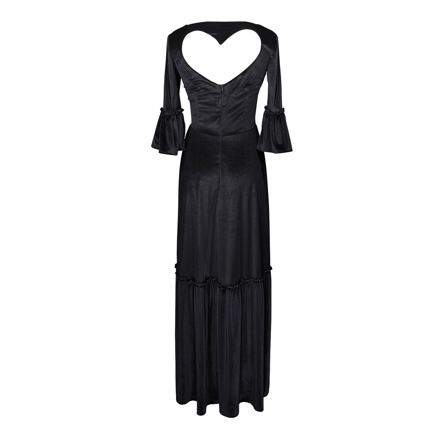 Shimmery black maxi dress with ruffle skirt and ruffled half sleeves. Featuring v-neck front and heart-shaped cutout in back, this dark dress is a gothic dream.