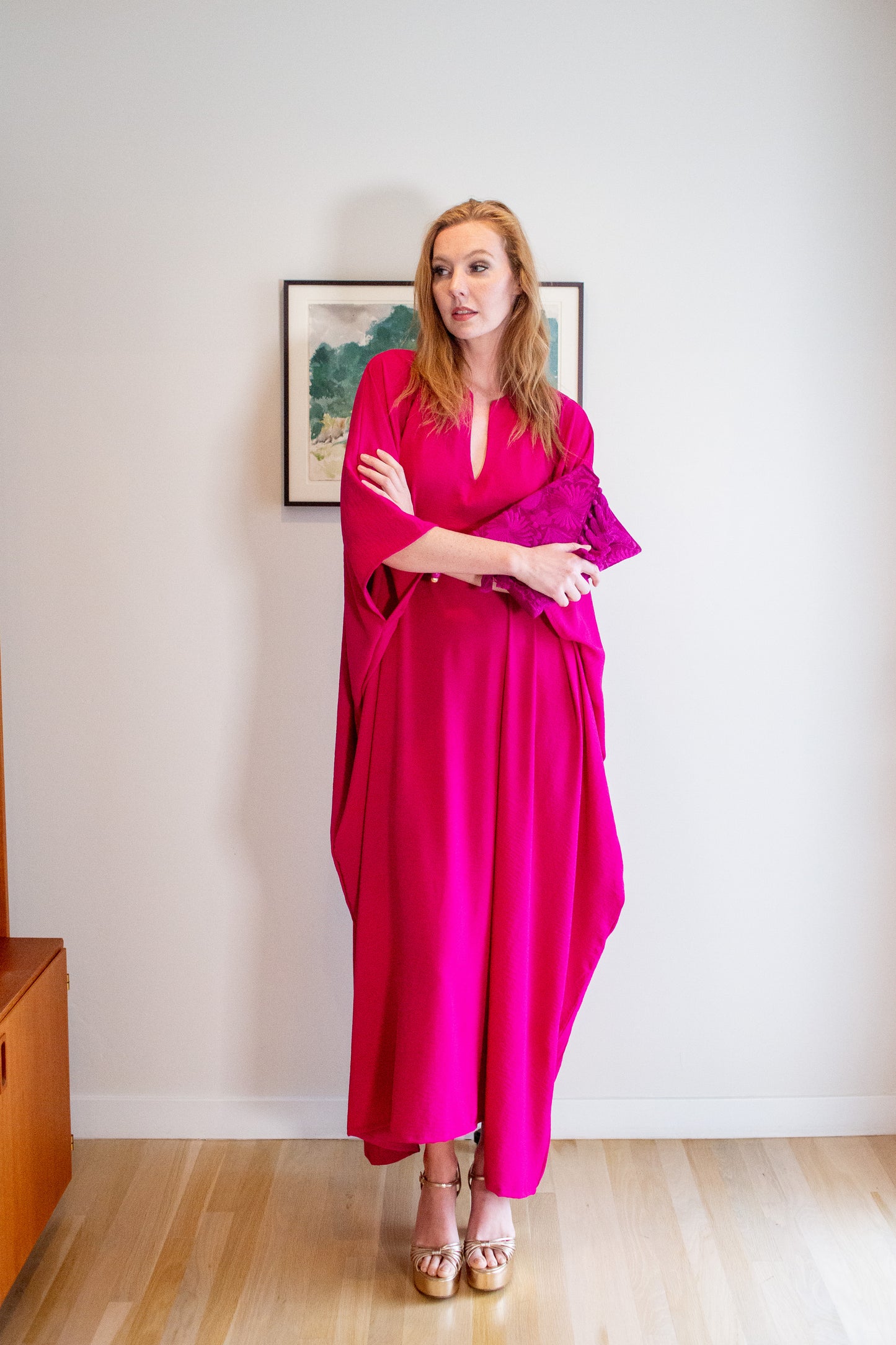 Talitha Cinched Waist Caftan In Brightest Berry