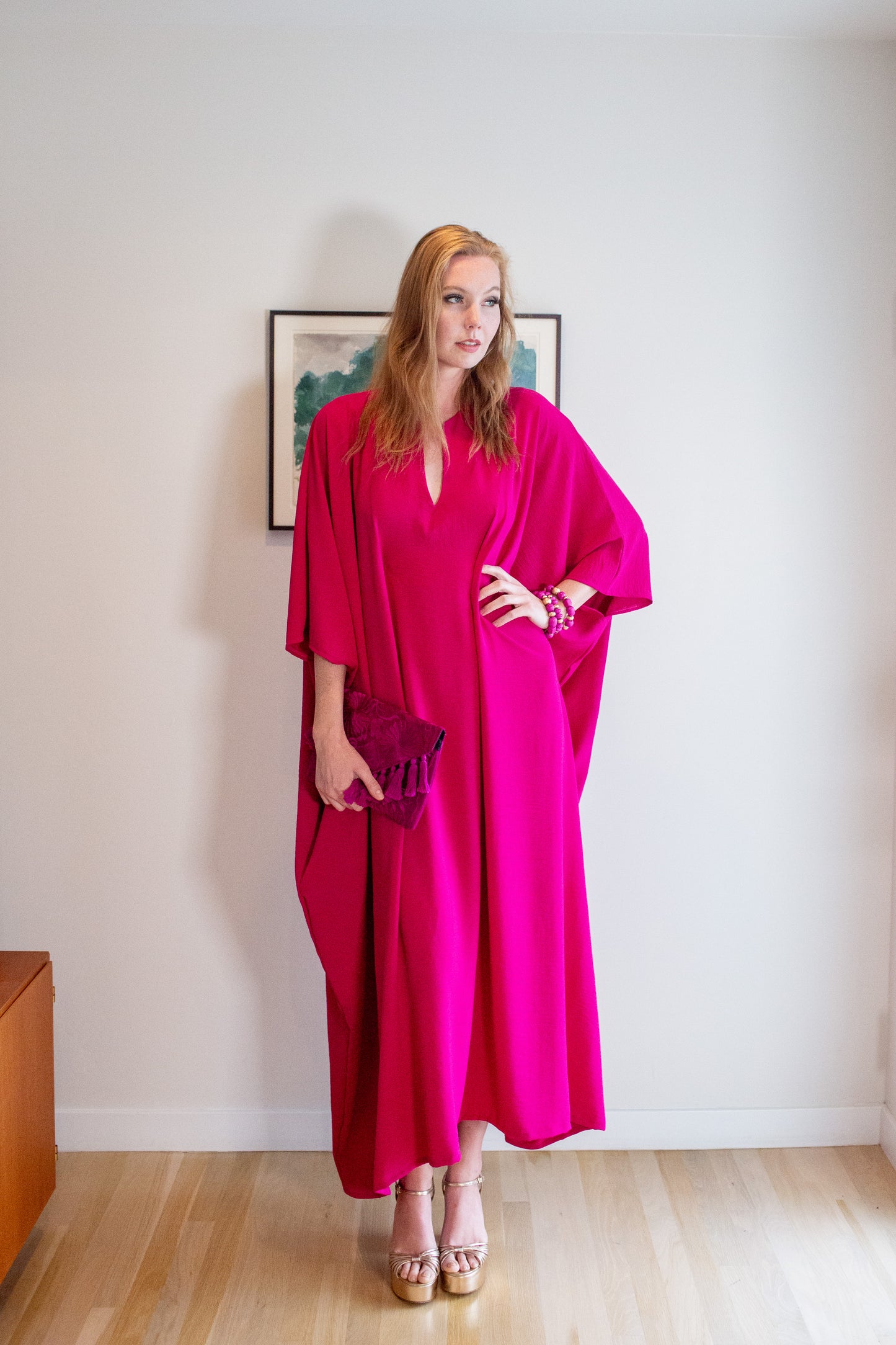 Talitha Cinched Waist Caftan In Brightest Berry