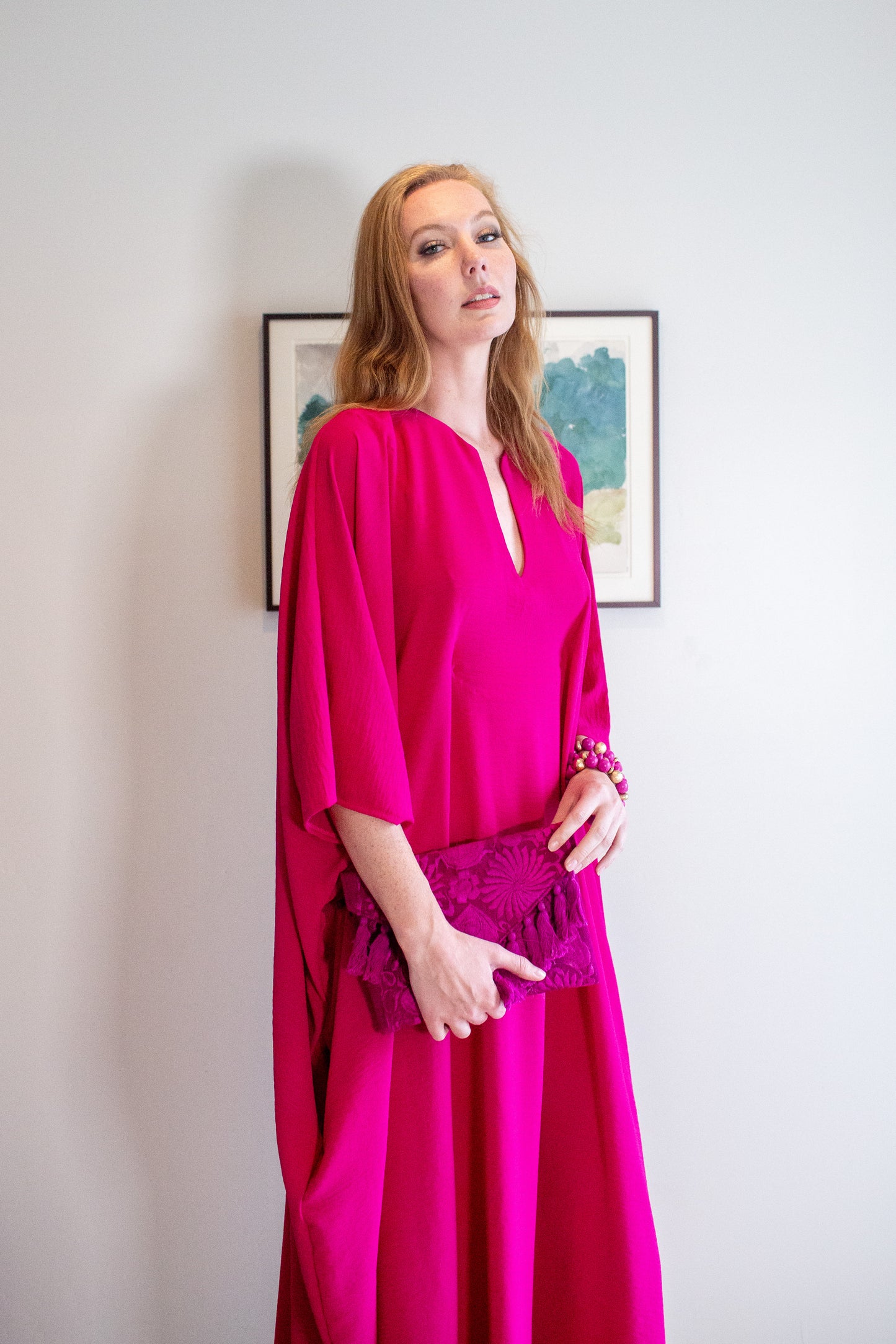 Talitha Cinched Waist Caftan In Brightest Berry