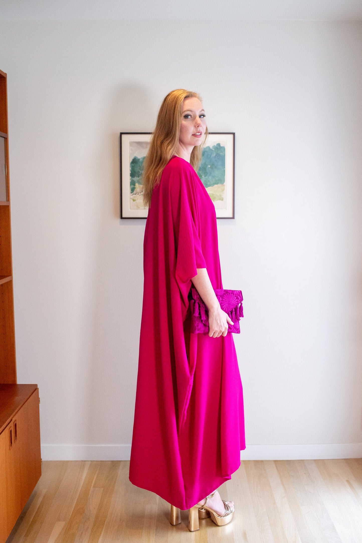 Talitha Cinched Waist Caftan In Brightest Berry