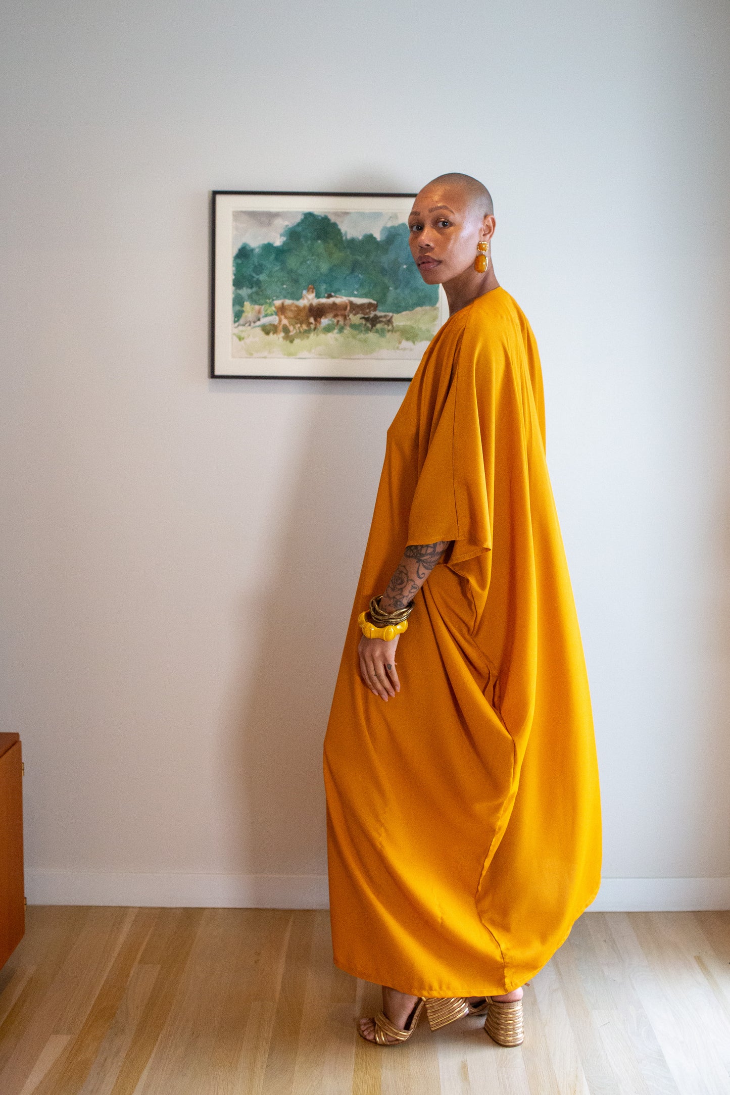 Talitha Cinched Waist Caftan in Saffron Sands