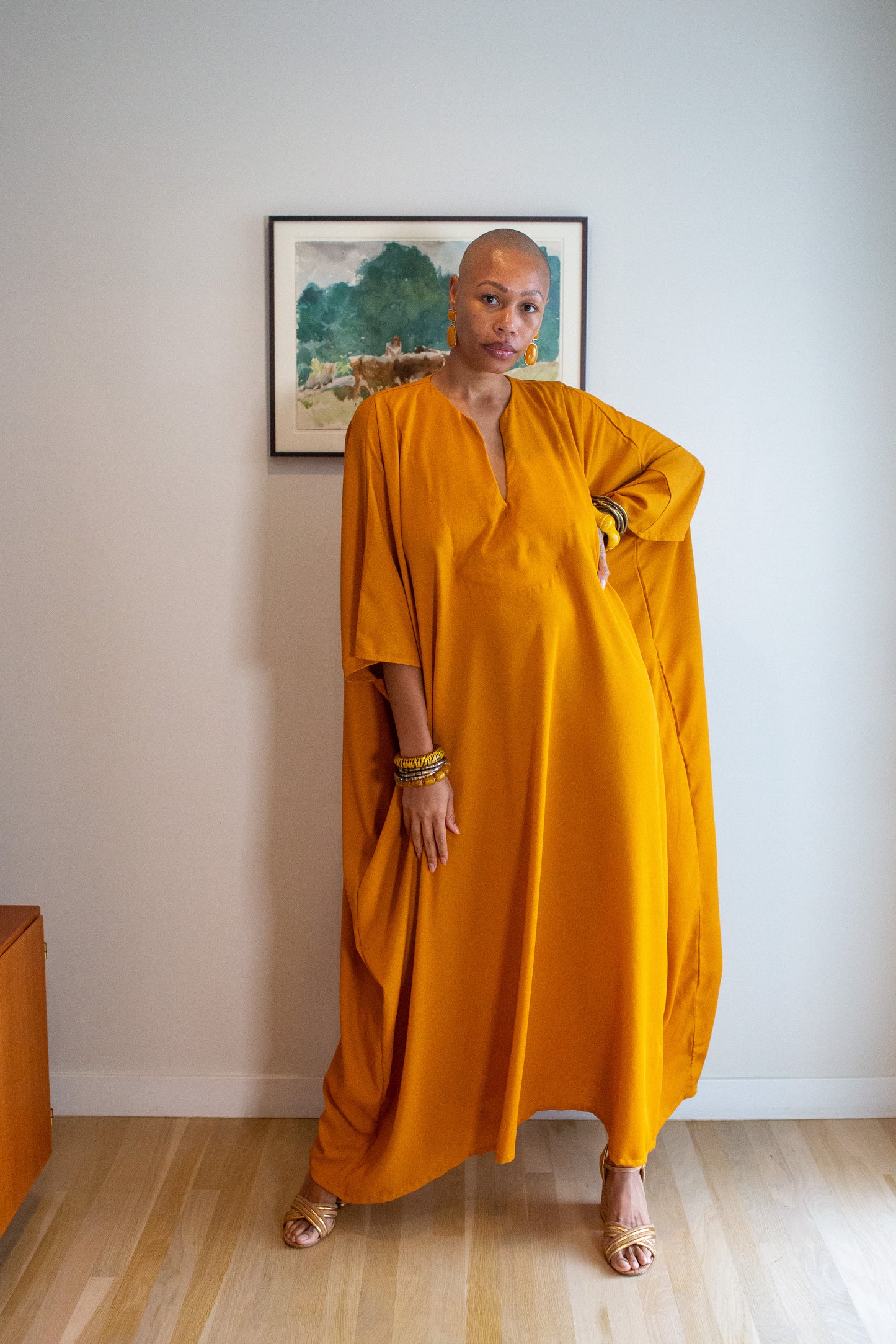 Talitha Cinched Waist Caftan in Saffron Sands