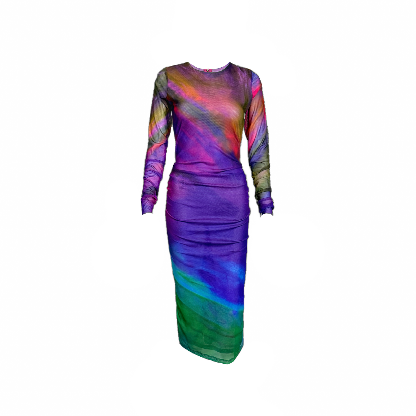 Technicolor Mesh Long Sleeve Bodycon Dress by Alana Kay