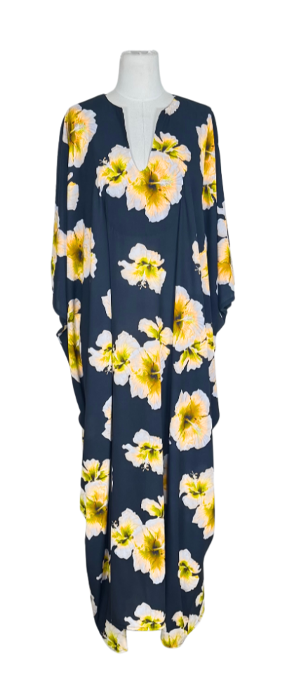 Goddess Waist Caftan In Yellow Hibiscus Bloom
