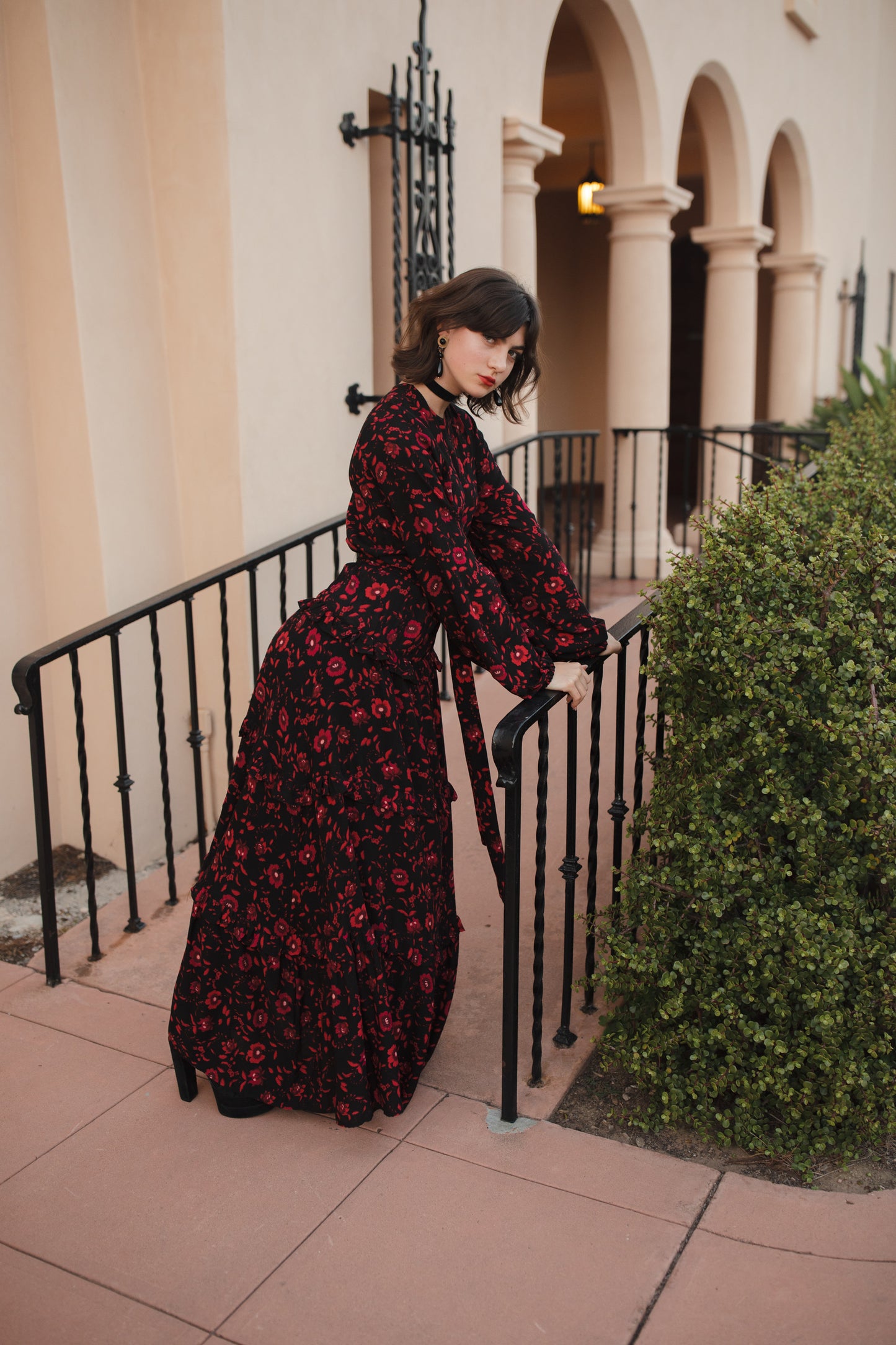 jennafer grace Vampira Love Maxi Dress black & scarlet red crimson floral long sleeve dress with high neck cinched waist tie bishop sleeve retro vintage goth gothic evening dress boho bohemian hippie romantic whimsical handmade in California USA