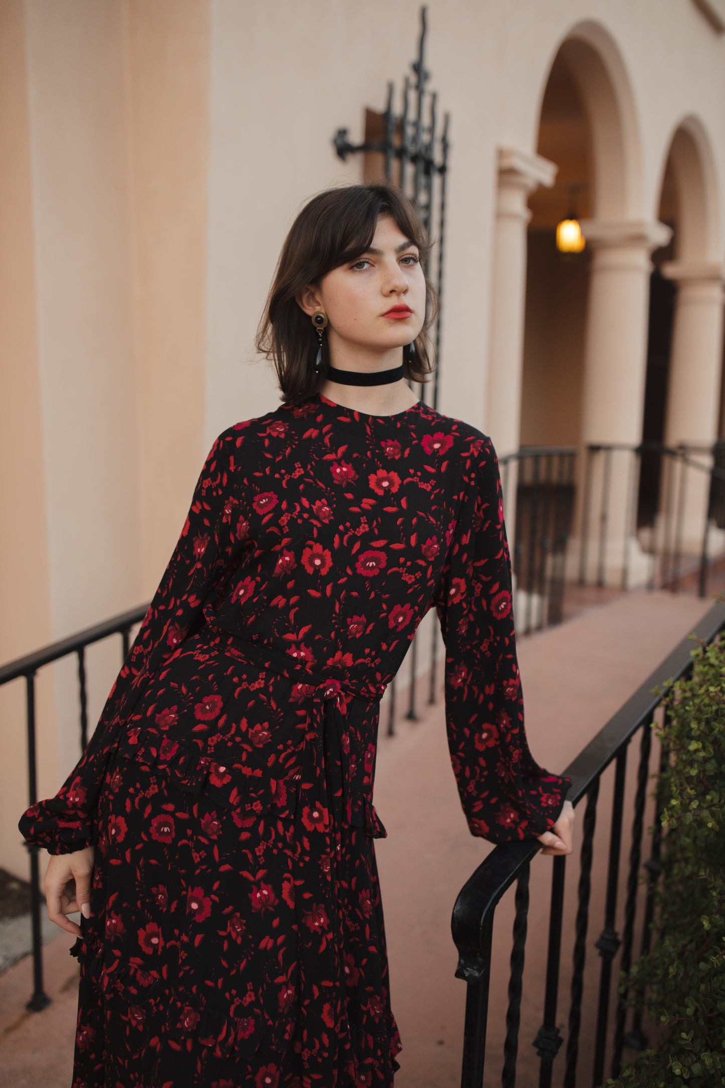 jennafer grace Vampira Love Maxi Dress black & scarlet red crimson floral long sleeve dress with high neck cinched waist tie bishop sleeve retro vintage goth gothic evening dress boho bohemian hippie romantic whimsical handmade in California USA