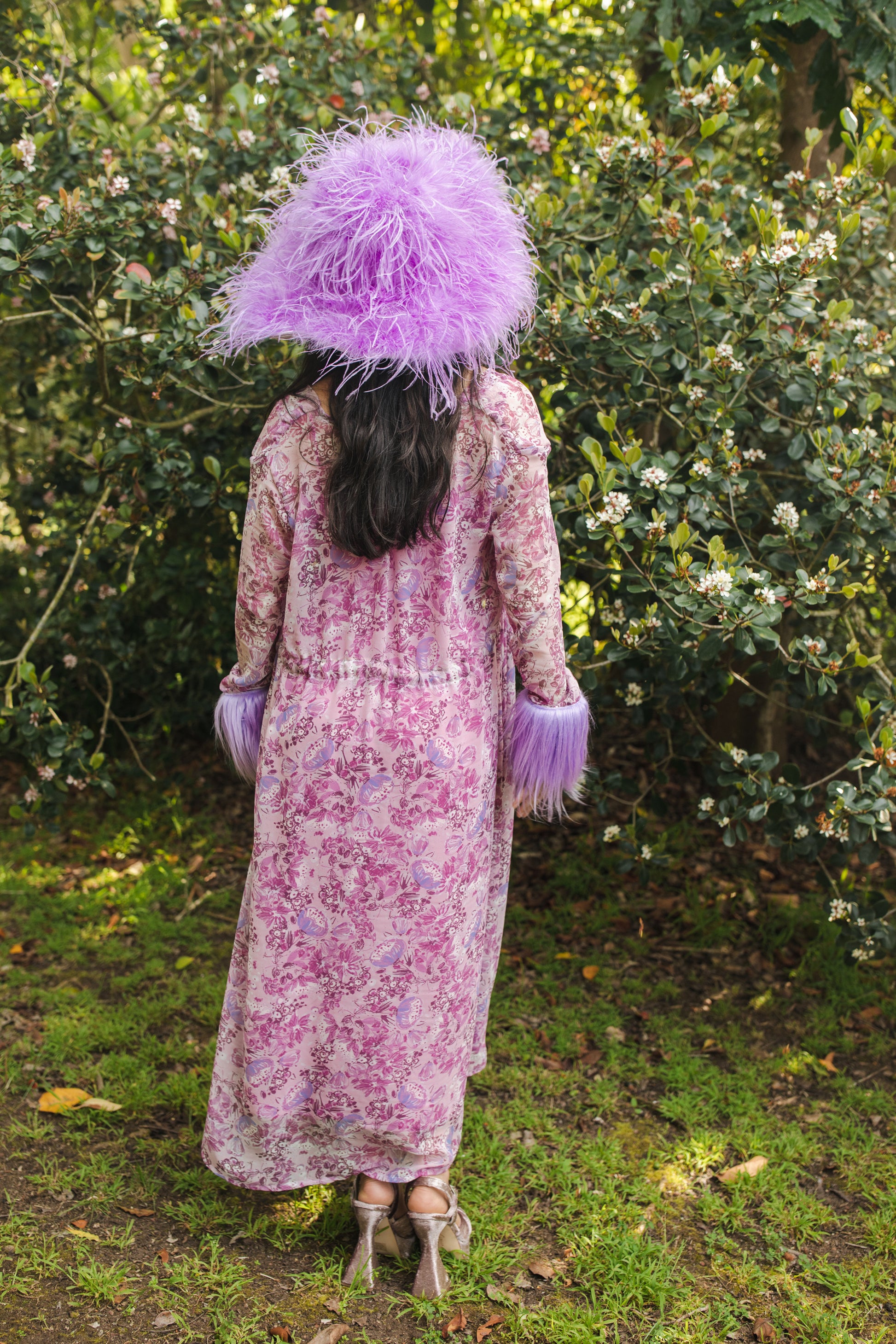 jennafer grace Violeta Faux Fur Duster pastel violet lavender lilac purple pink floral duster with pastel purple faux fur cuffs light jacket coat robe coverup layering boho bohemian hippie romantic whimsical unisex handmade in California USA