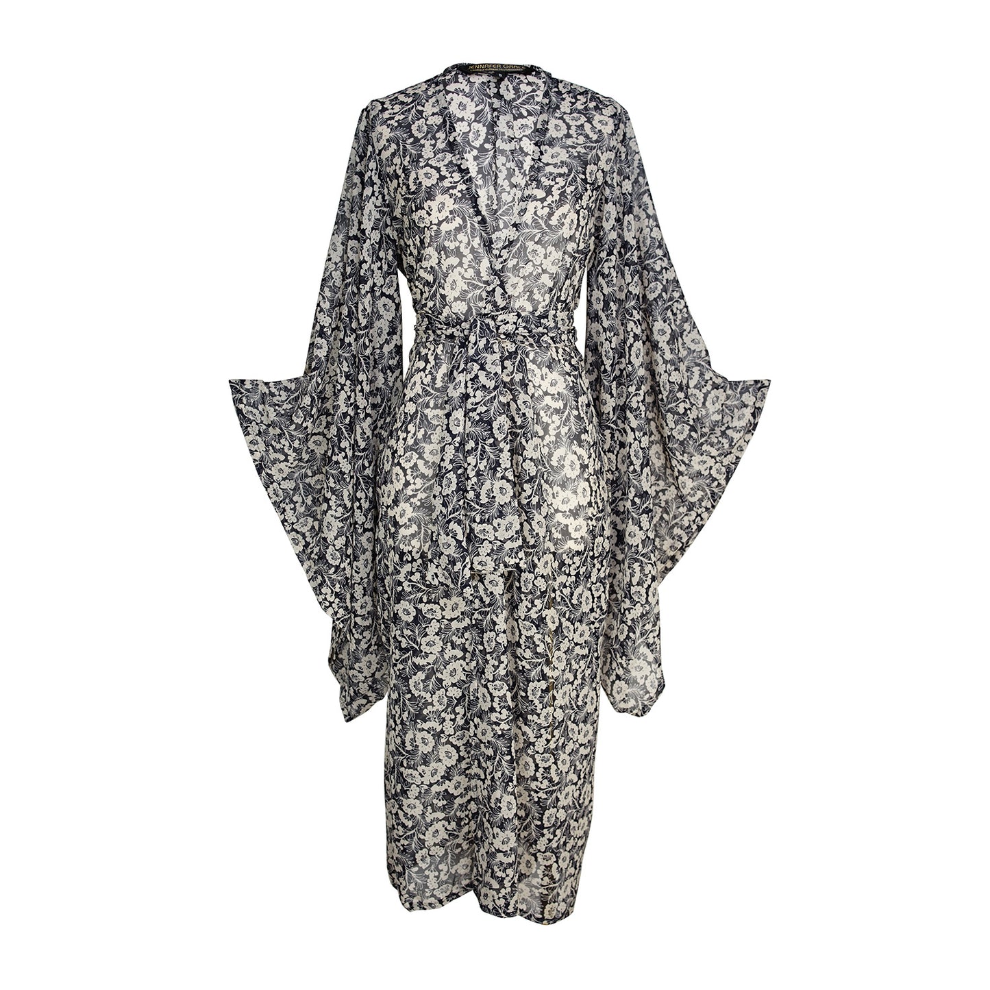 A white and dark blue floral patterned kimono robe featuring long, wide, rectangular sleeves, a full-length cut, deep pockets, and a matching tie belt for an optional cinched waist.