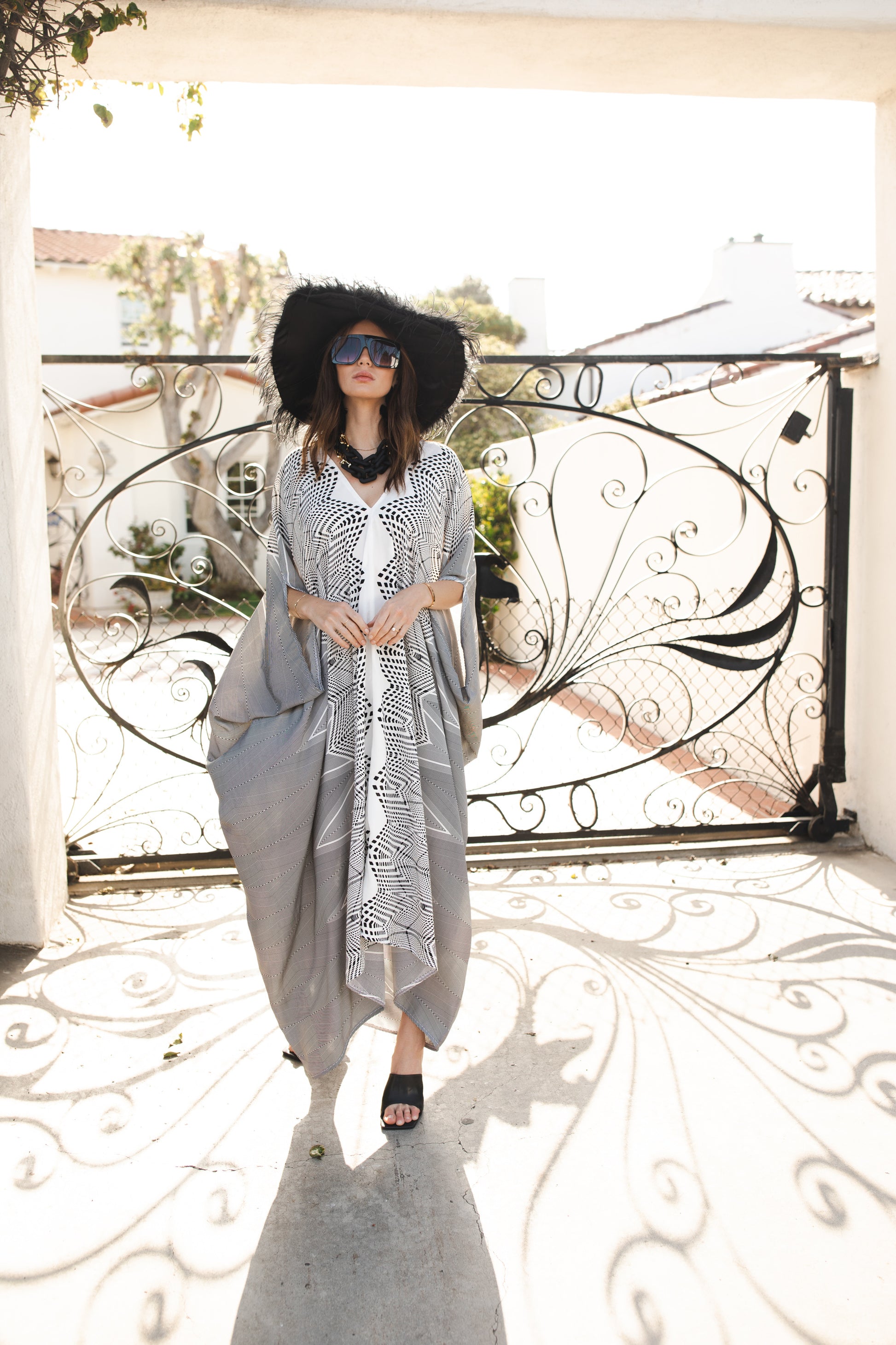 jennafer grace Zephyr Caftan white with black geometric print kaftan mumu shift dress coverup casual boho bohemian hippie beach resort spa lounge loungewear layering unisex handmade in California USA
