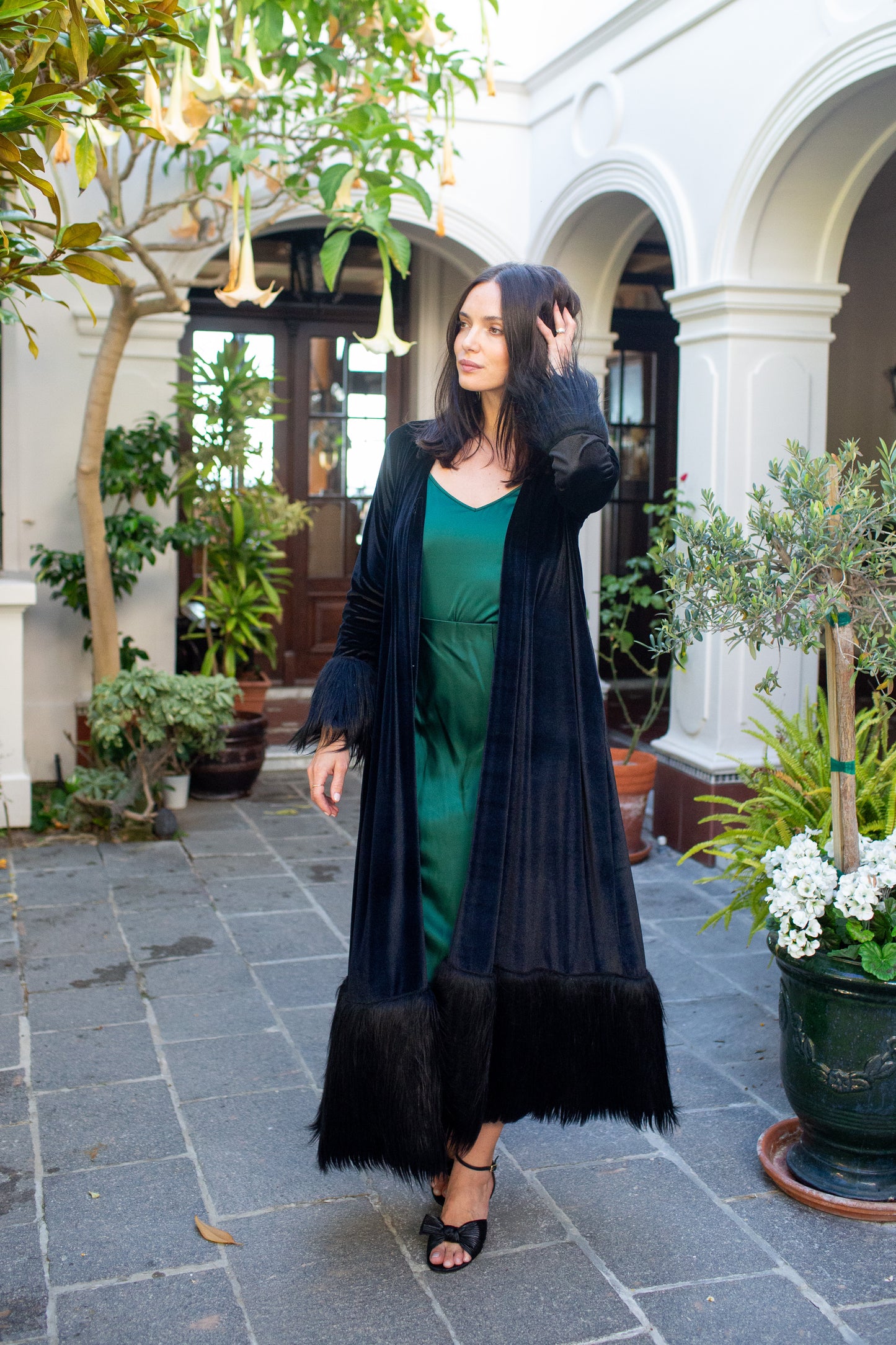 Black Velvet Faux Fur Cuff Coat