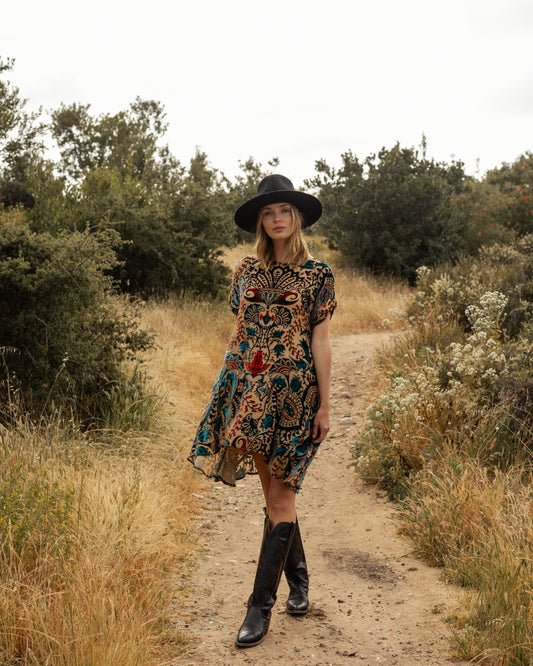 This beautiful silk velvet burnout swing dress is a stunner! This vintage-inspired western beauty is perfect to dress up or down. 