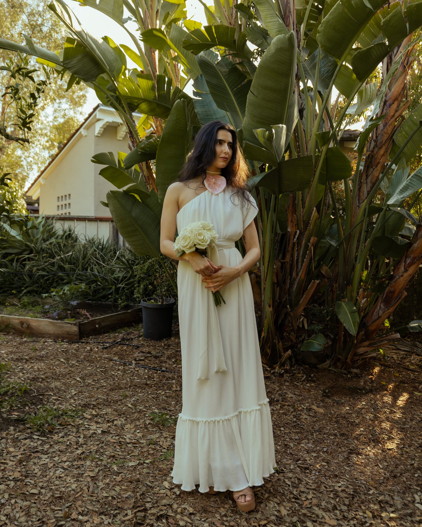 Ivory Pleated One Shoulder Maxi Dress