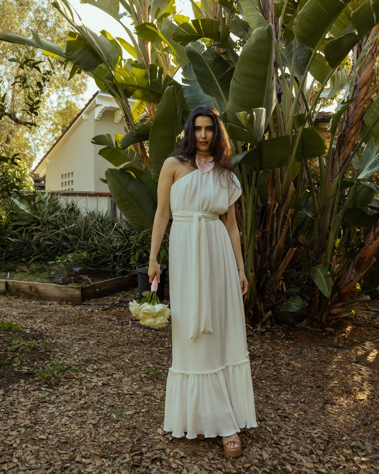 Ivory Pleated One Shoulder Maxi Dress