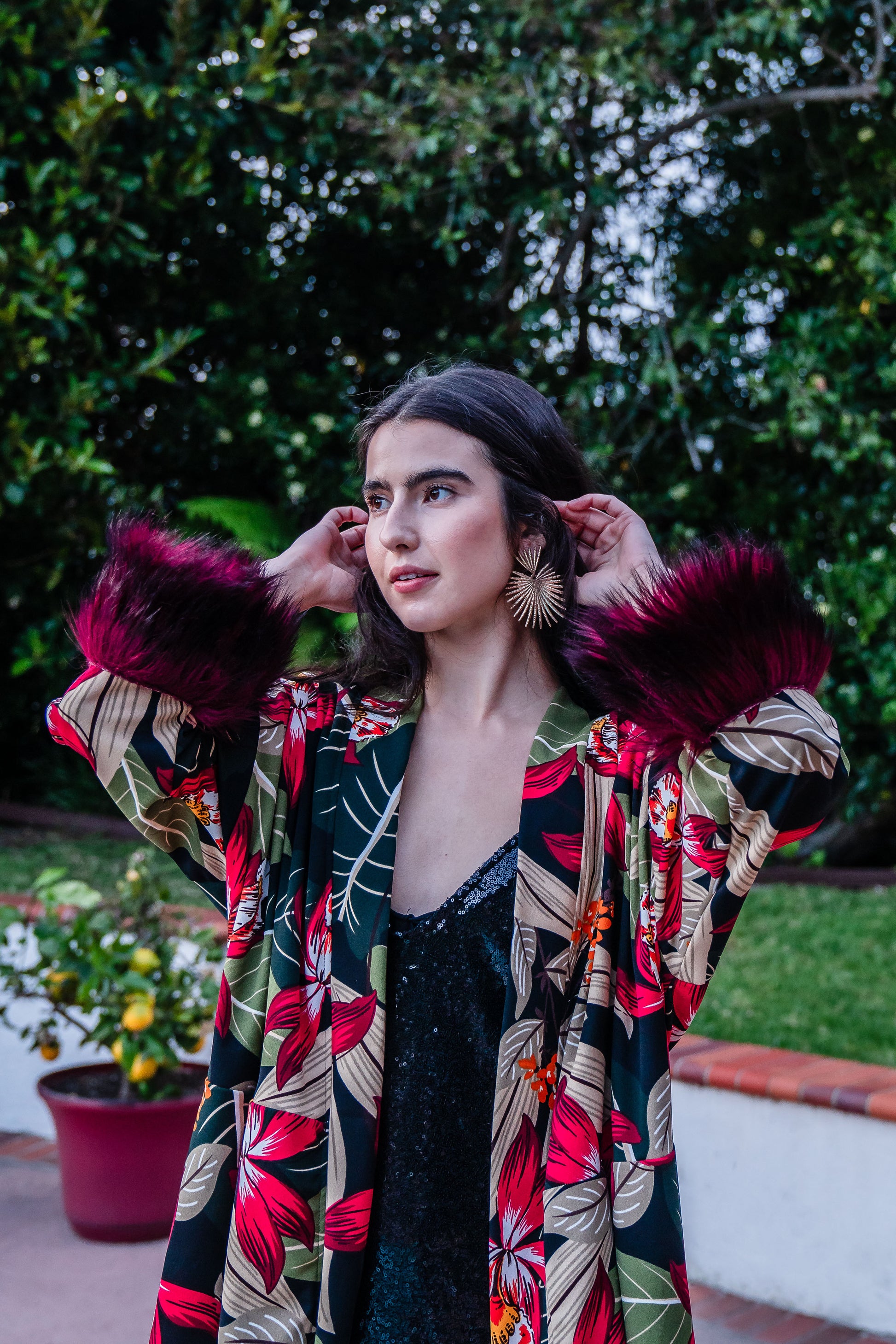 Jennafer Grace Jardin Nuit Faux Fur Koi Kimono red tropical botanical print leopard contrast lining with dark red faux fur cuffs. Duster jacket retro 90s revival with mid length sleeves and knee length hem. Comes with a matching belt to tie around waist. Unisex handmade in California USA