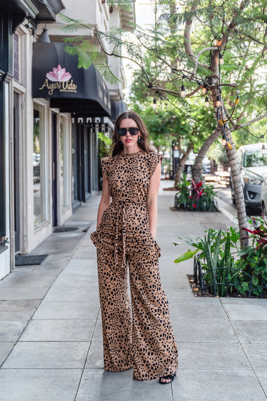 Leopard Palazzo Pant suit with sleeveless tunic, set has a matching tie belt