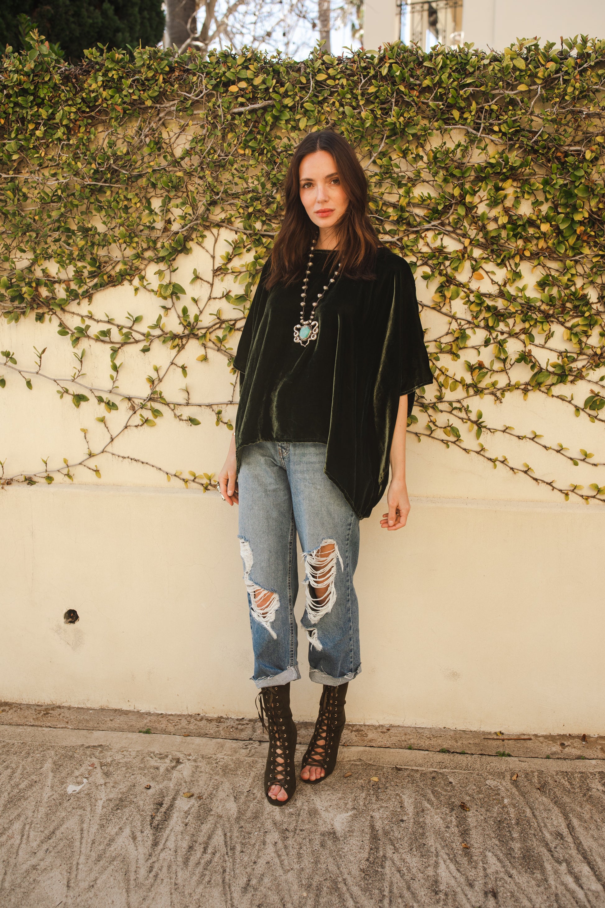 Olive Silk Velvet Scarf Top - Main Image