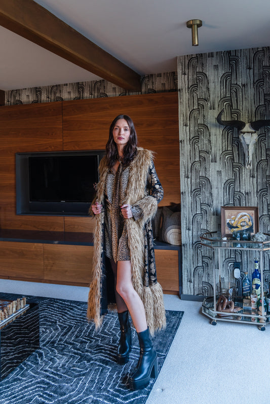 Penny Deluxe Oro Blossom Fawn Faux Fur Trim Coat