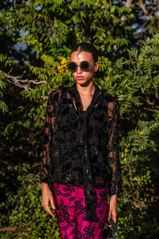 Shimmer Lace Tie Front Blouse