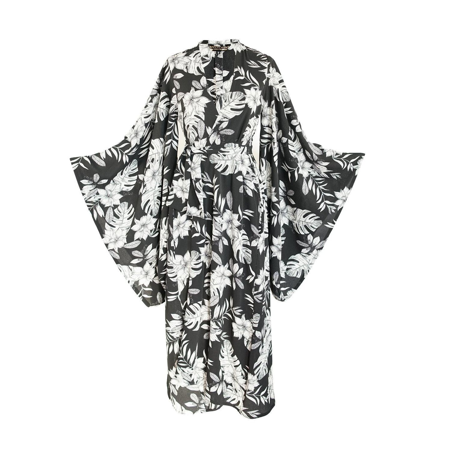 agua palma blue black white palm tropical print pattern kimono wrap dress layering shawl jacket robe jennafergrace handmade luxe everyday